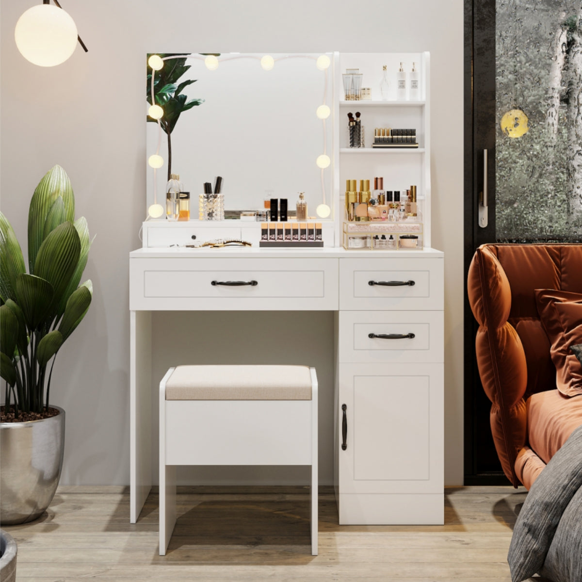 VOWNER Makeup Vanity Desk With Storage Stool & Power Outlet, Vanity set With Lighted Mirror & 3 Color Lights, For Girls Women