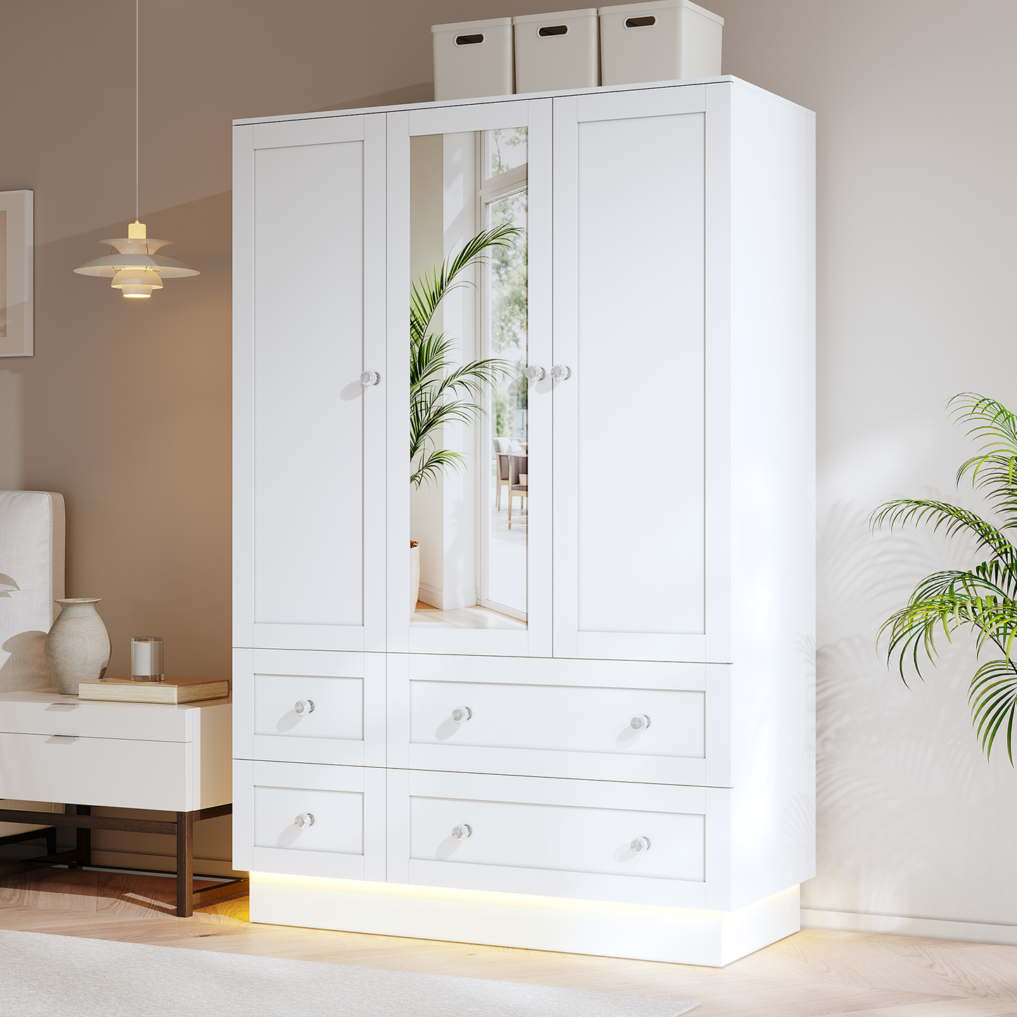 47" L Wardrobe Closet with 3 Doors, Bedroom Armoire with Mirror, LED Light, 4 Drawers and Hanging Rod, Large Capacity Storage Closet for Bedroom, White