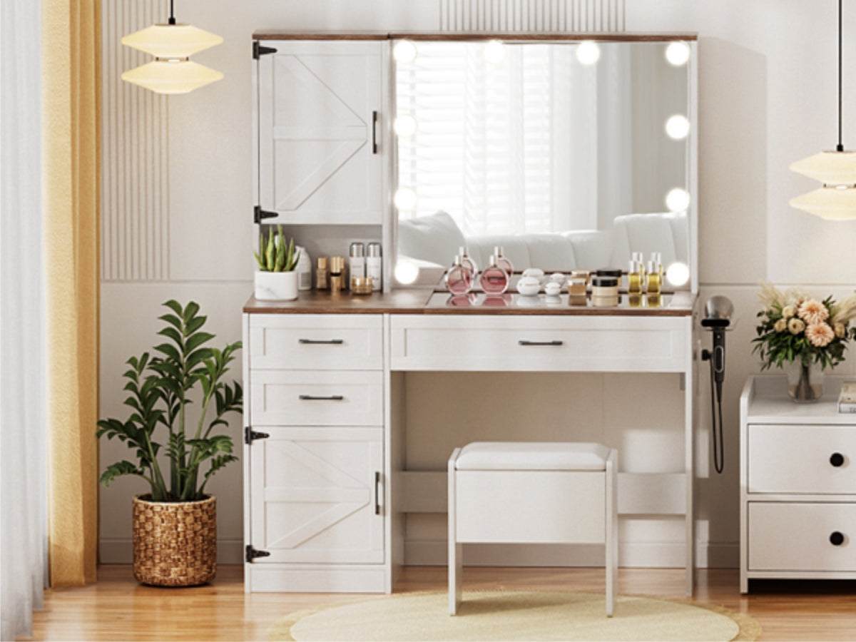 VOWNER Makeup Vanity Table Set With Outlet, Farmhouse Vanity Desk With Glass Table Top And Large Lighted Mirror, 3 Color Light & Adjustable Brightness, Come With Stool, For Bedroom