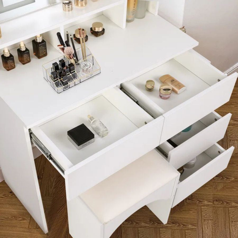 VOWNER Makeup Vanity Desk Set With LED Lighted Mirror, Drawers, Shelves And Stool, Lighting Color & Brightness Adjustable, For Girls Women