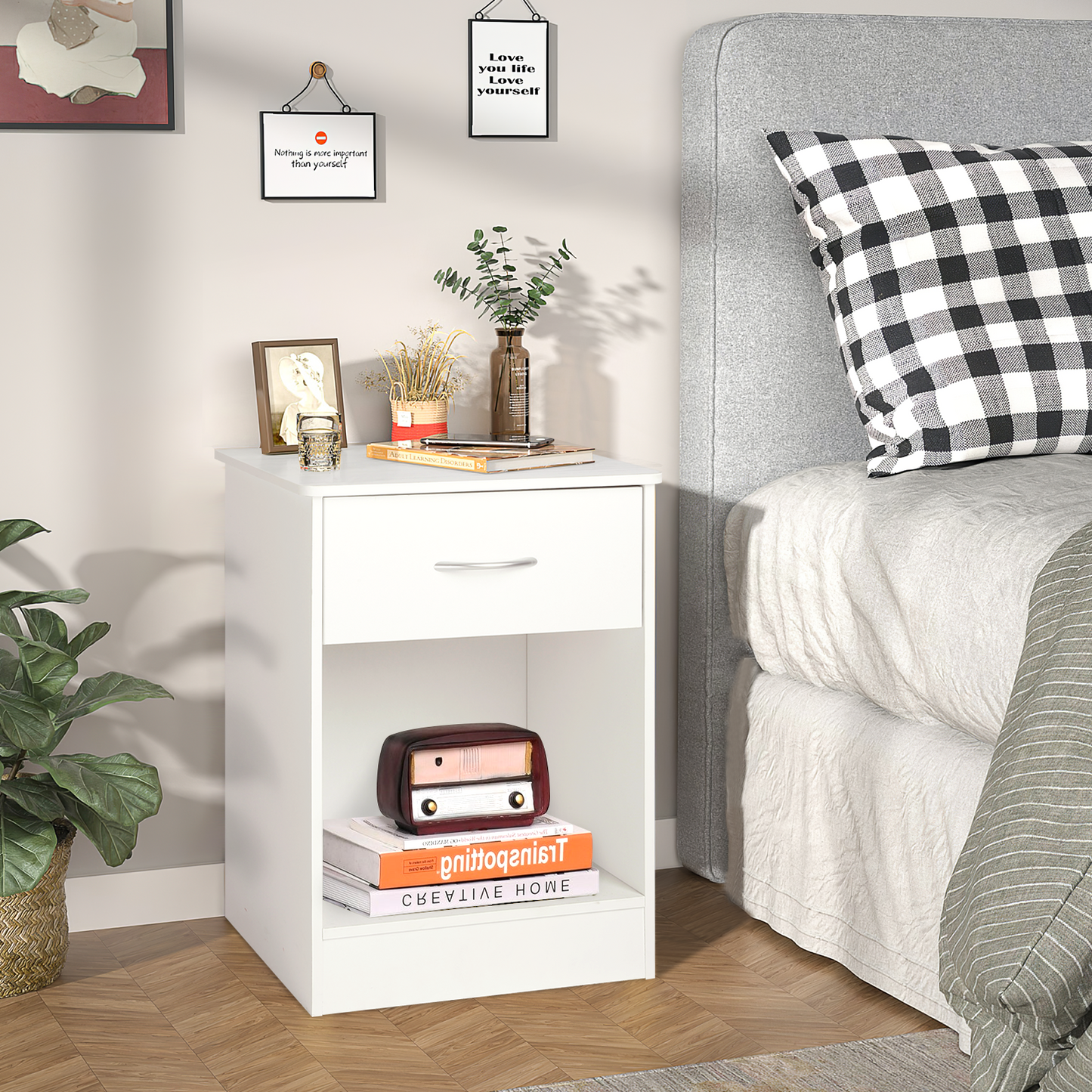 VOWNER Nightstand with Drawer and Storage Shelf, Bedside Table End Tables, File Cabinet Storage with Sliding Drawers and Shelf for Bedroom