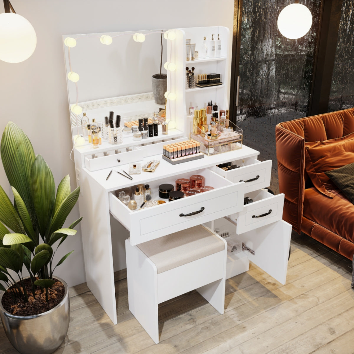 VOWNER Makeup Vanity Desk With Storage Stool & Power Outlet, Vanity set With Lighted Mirror & 3 Color Lights, For Girls Women