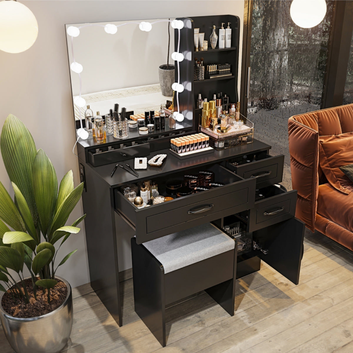 VOWNER Makeup Vanity Desk With Storage Stool & Power Outlet, Vanity set With Lighted Mirror & 3 Color Lights, For Girls Women