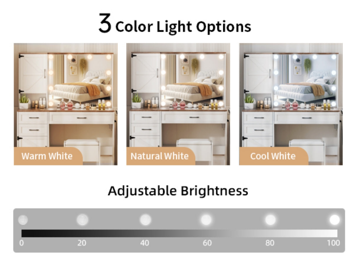 VOWNER Makeup Vanity Table Set With Outlet, Farmhouse Vanity Desk With Glass Table Top And Large Lighted Mirror, 3 Color Light & Adjustable Brightness, Come With Stool, For Bedroom