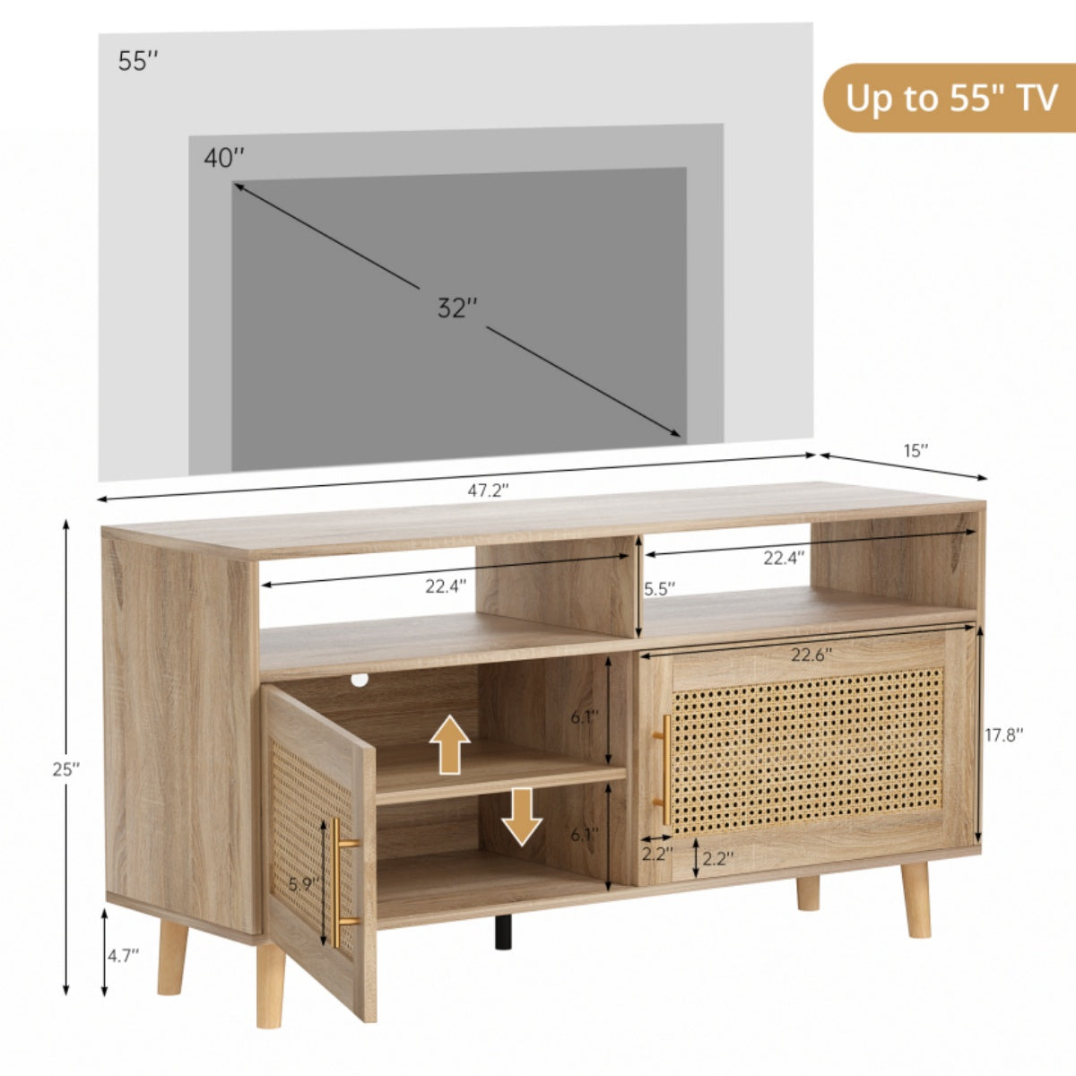 VOWNER TV Stand For 55" TV With Rattan Door, Television Stand With 2 Open Shelves & Adjustable Dividers, TV & Media Console Table, Entertainment Center For Living Room