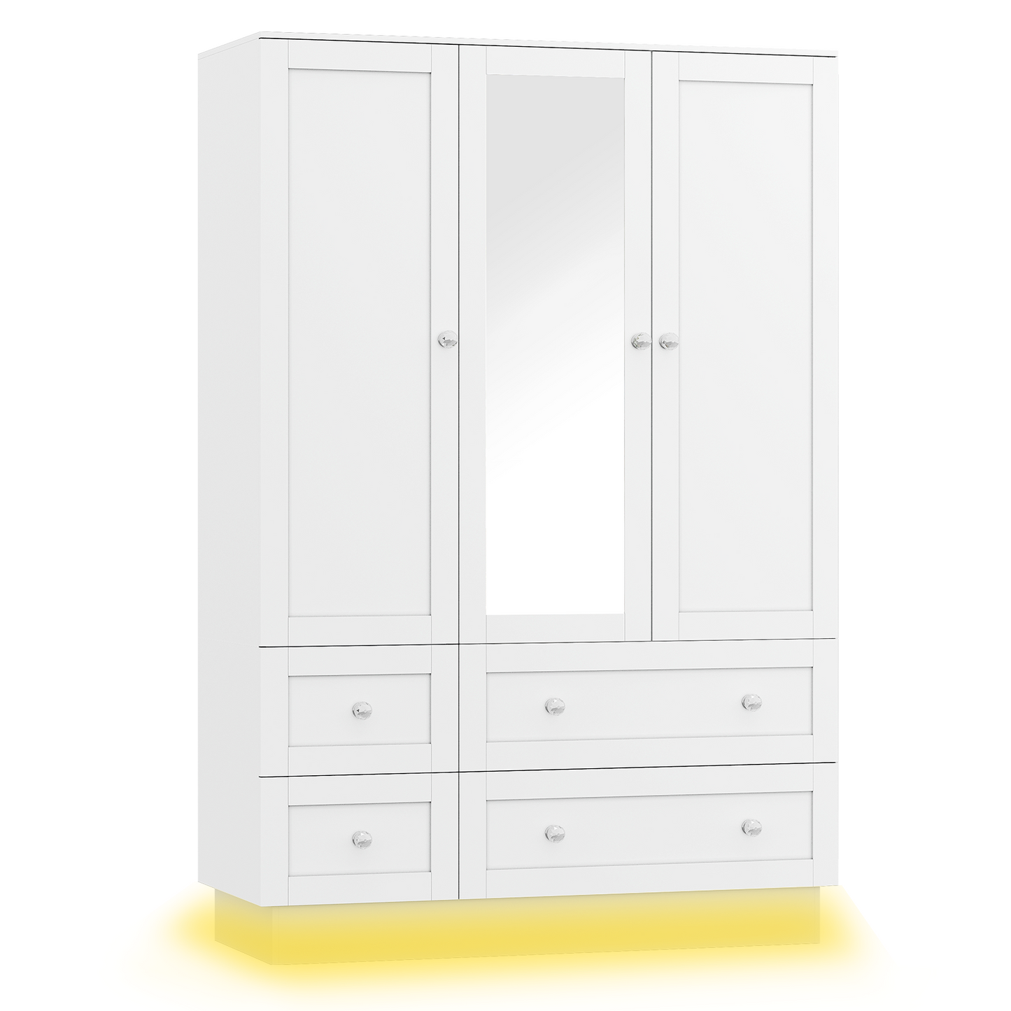 47" L Wardrobe Closet with 3 Doors, Bedroom Armoire with Mirror, LED Light, 4 Drawers and Hanging Rod, Large Capacity Storage Closet for Bedroom, White
