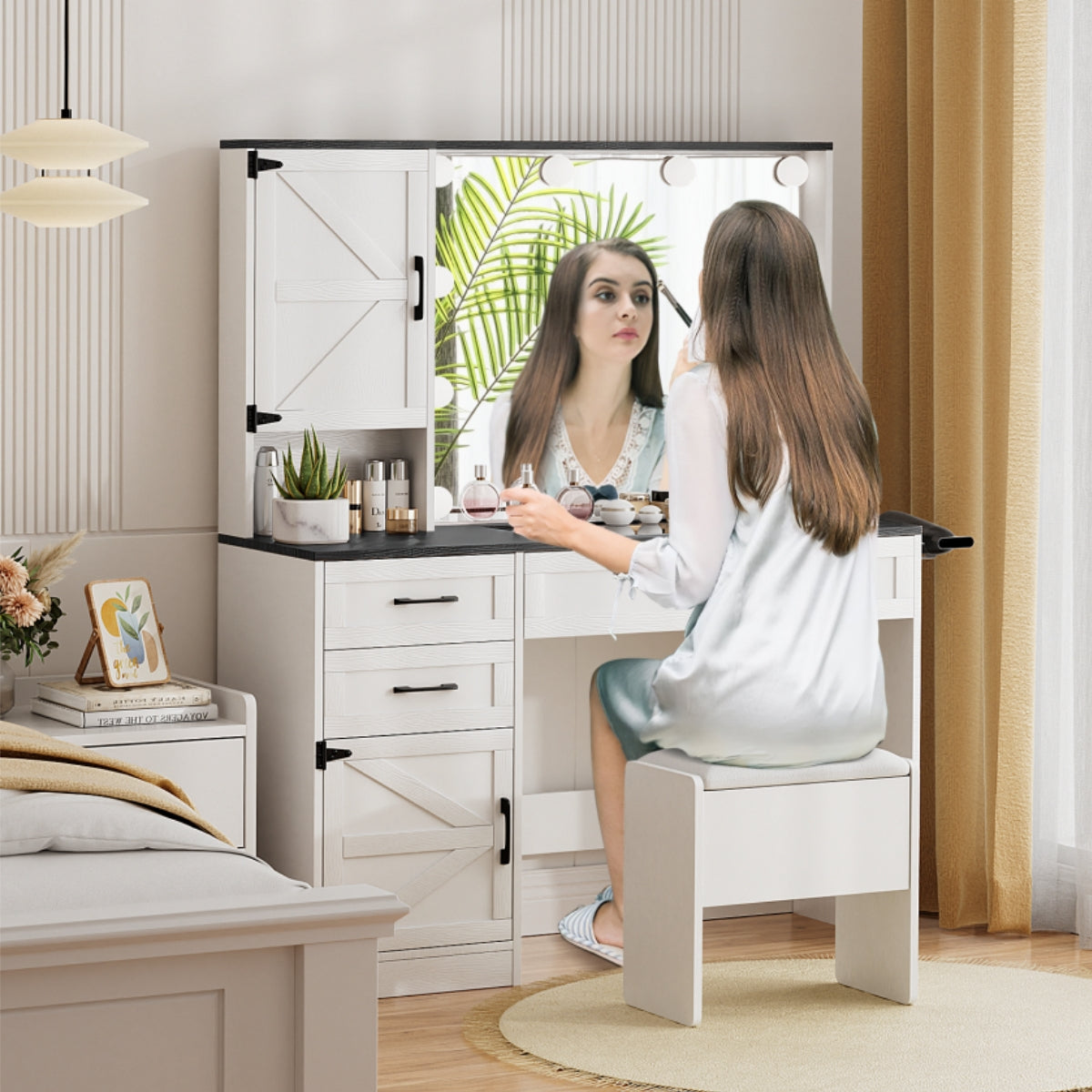 VOWNER Makeup Vanity Table Set With Outlet, Farmhouse Vanity Desk With Glass Table Top And Large Lighted Mirror, 3 Color Light & Adjustable Brightness, Come With Stool, For Bedroom