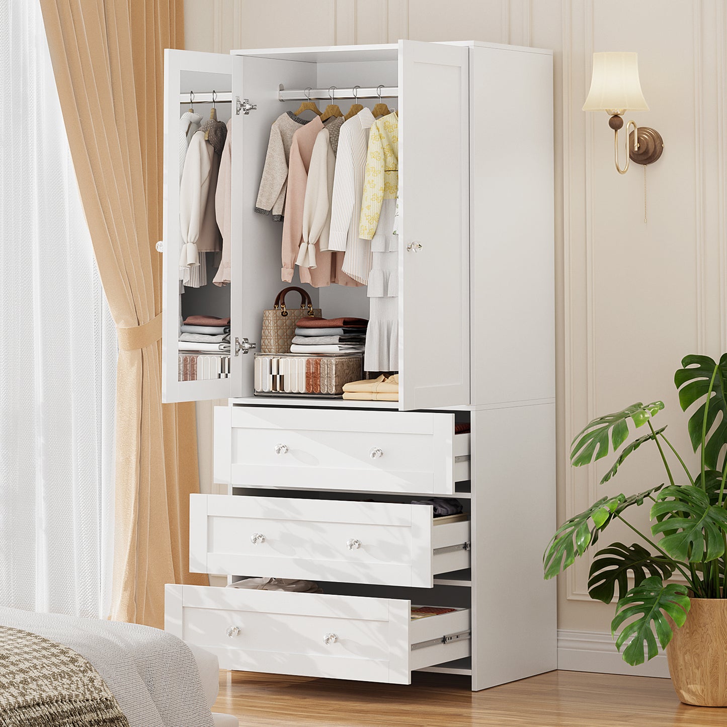 VOWNER 71" Armoire Wardrobe Closet with Drawers and Mirror Clothing Storage Cabinet