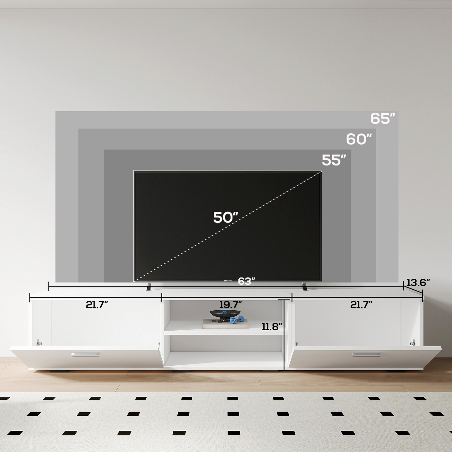 VOWNER Modern TV Stand with Storage Cabinets, for 50/55/65 Inch TVs, Media Cabinet for Living Room Bedroom, Entertainment Center, TV Cabinet & Coffee Table for Home Decor (White)