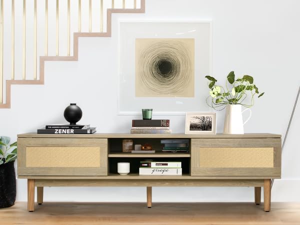 VOWNER Rattan TV Stand, 55/60/65 inch TV, Modern TV Console Table with Sliding Doors, Entertainment Center with 2 Open Shelves, TV Cabinet for Living Room (Natural Oak)