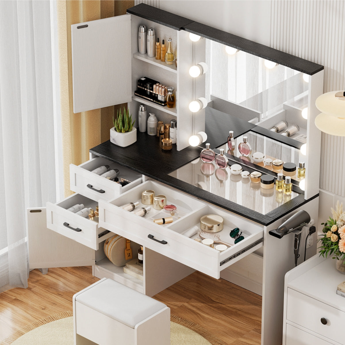 VOWNER Makeup Vanity Table Set With Outlet, Farmhouse Vanity Desk With Glass Table Top And Large Lighted Mirror, 3 Color Light & Adjustable Brightness, Come With Stool, For Bedroom