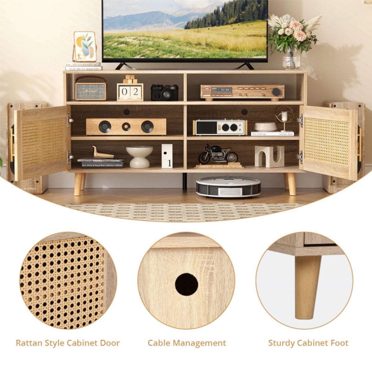 VOWNER TV Stand For 55" TV With Rattan Door, Television Stand With 2 Open Shelves & Adjustable Dividers, TV & Media Console Table, Entertainment Center For Living Room