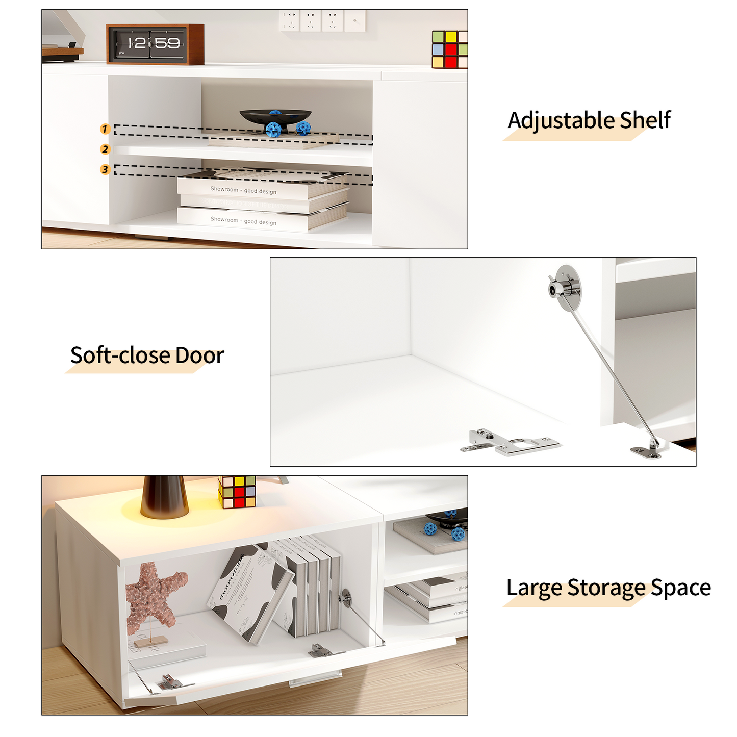 VOWNER Modern TV Stand with Storage Cabinets, for 50/55/65 Inch TVs, Media Cabinet for Living Room Bedroom, Entertainment Center, TV Cabinet & Coffee Table for Home Decor (White)