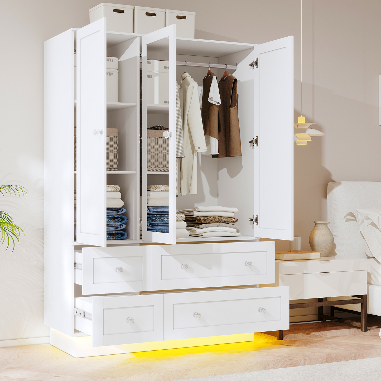 47" L Wardrobe Closet with 3 Doors, Bedroom Armoire with Mirror, LED Light, 4 Drawers and Hanging Rod, Large Capacity Storage Closet for Bedroom, White