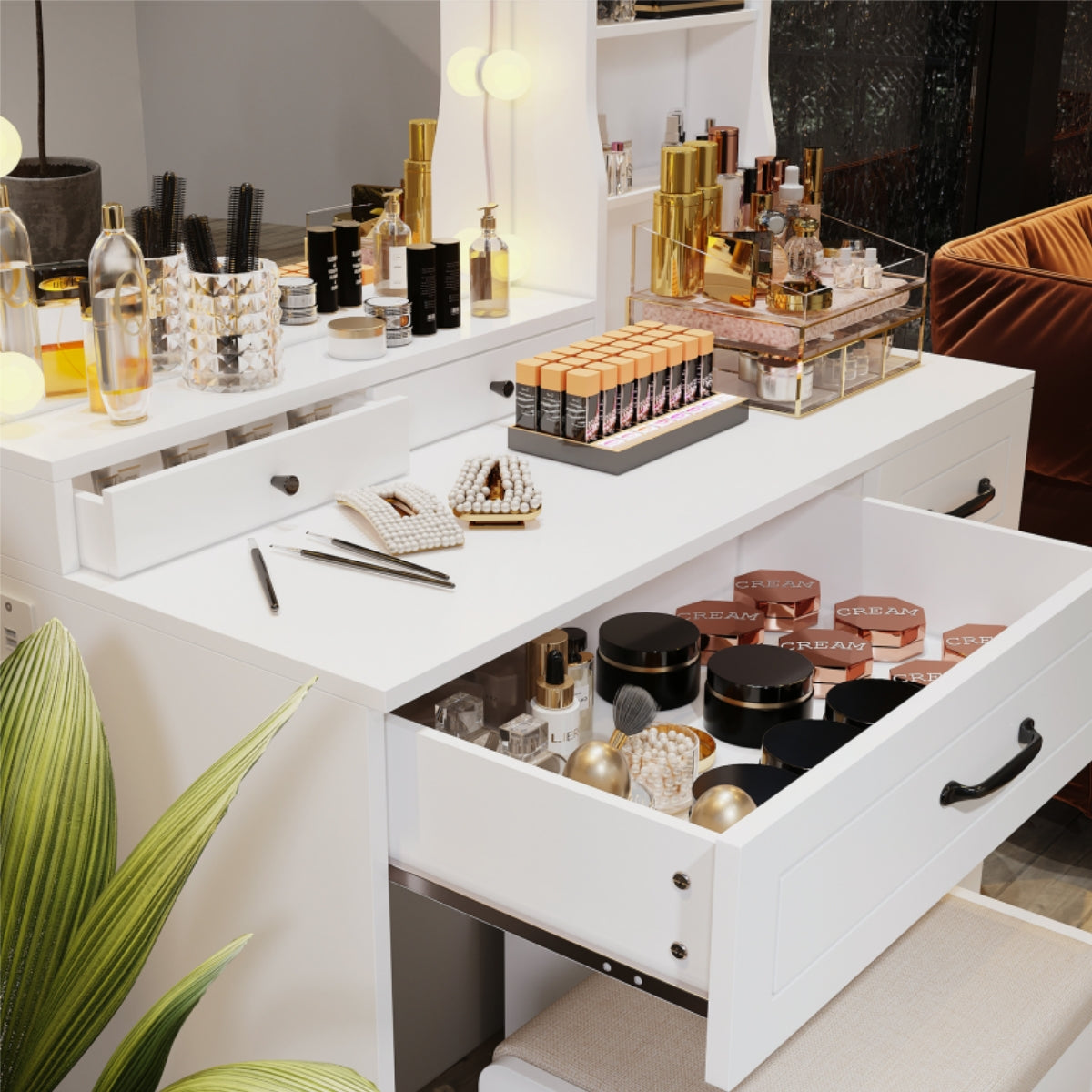 VOWNER Makeup Vanity Desk With Storage Stool & Power Outlet, Vanity set With Lighted Mirror & 3 Color Lights, For Girls Women