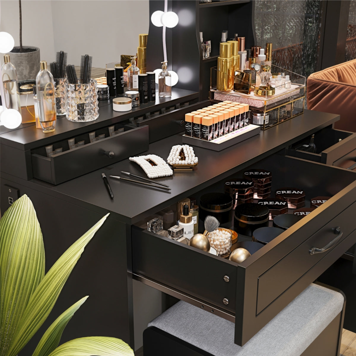 VOWNER Makeup Vanity Desk With Storage Stool & Power Outlet, Vanity set With Lighted Mirror & 3 Color Lights, For Girls Women