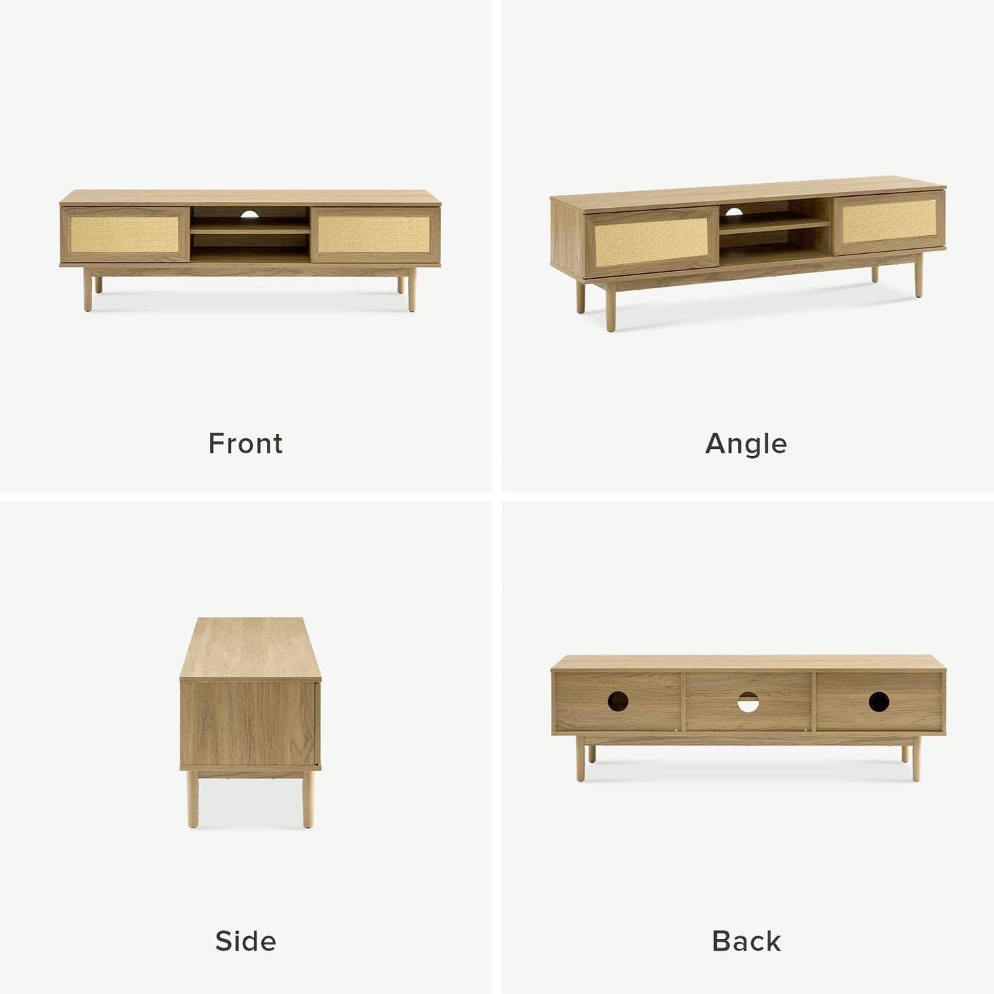 VOWNER Rattan TV Stand, 55/60/65 inch TV, Modern TV Console Table with Sliding Doors, Entertainment Center with 2 Open Shelves, TV Cabinet for Living Room (Natural Oak)