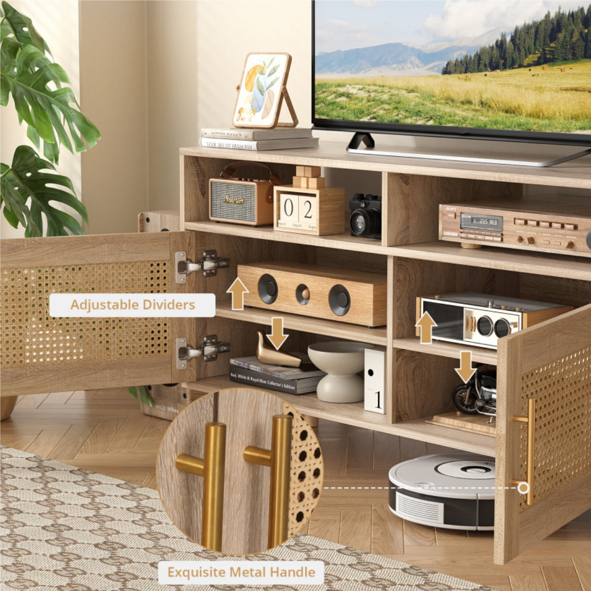 VOWNER TV Stand For 55" TV With Rattan Door, Television Stand With 2 Open Shelves & Adjustable Dividers, TV & Media Console Table, Entertainment Center For Living Room