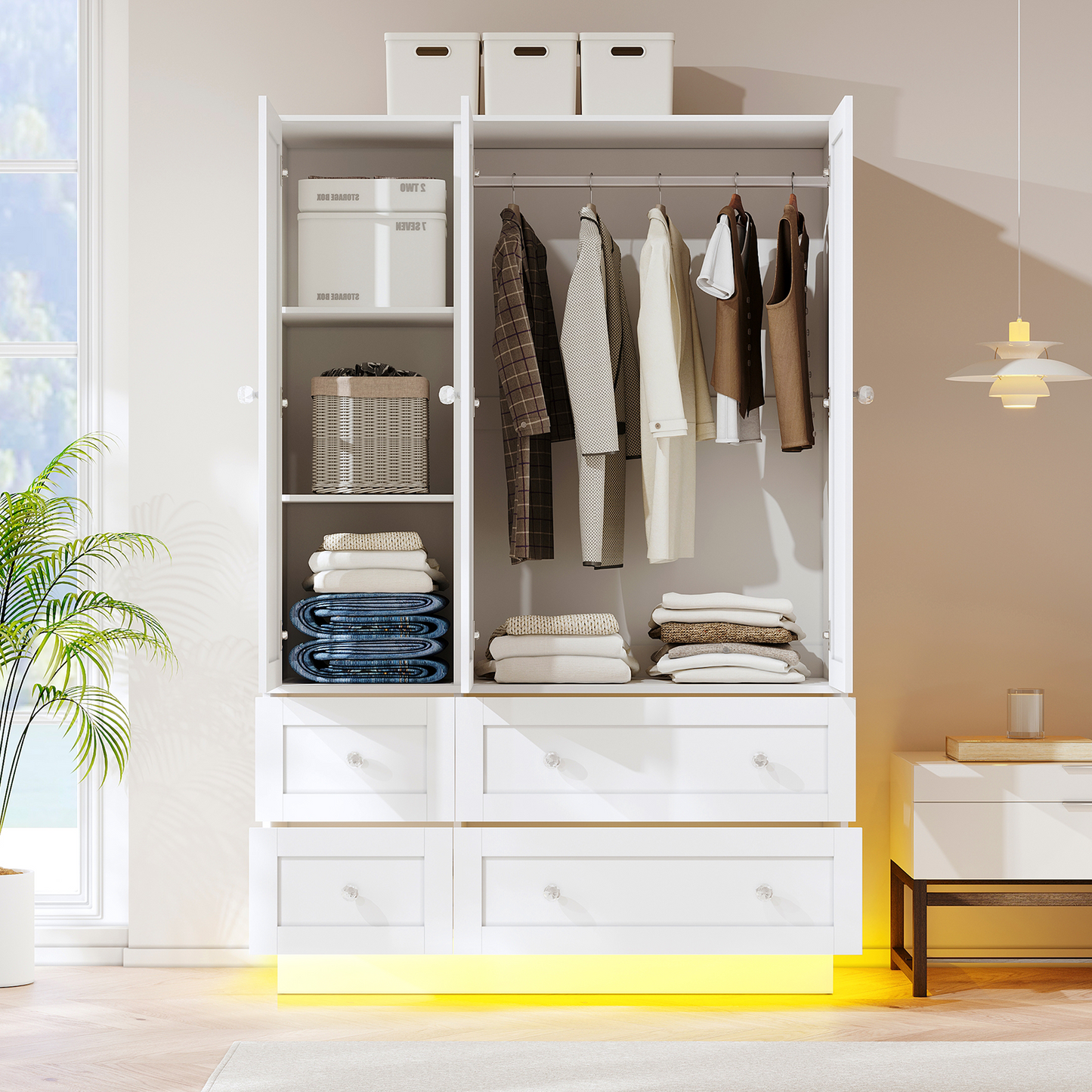 47" L Wardrobe Closet with 3 Doors, Bedroom Armoire with Mirror, LED Light, 4 Drawers and Hanging Rod, Large Capacity Storage Closet for Bedroom, White