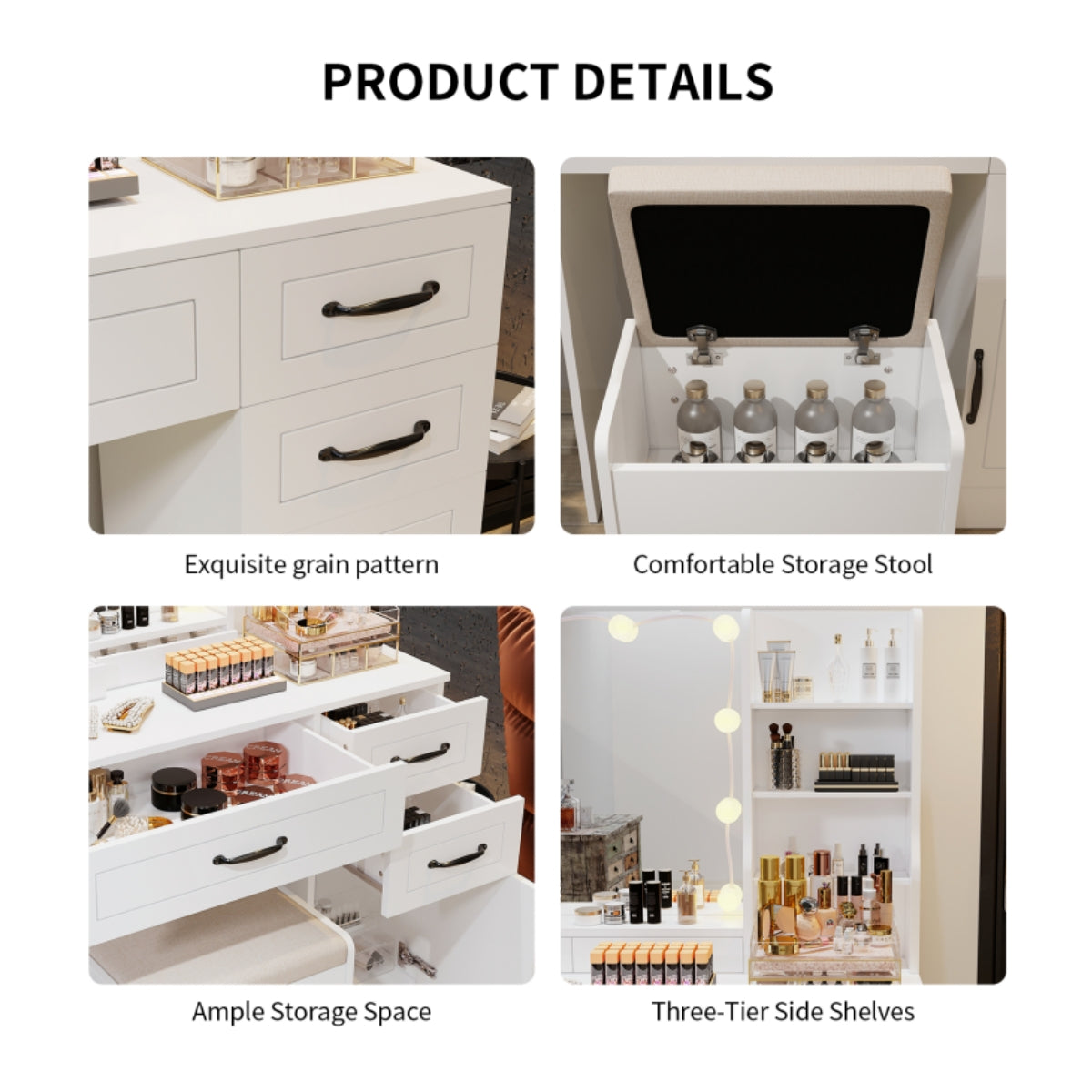 VOWNER Makeup Vanity Desk With Storage Stool & Power Outlet, Vanity set With Lighted Mirror & 3 Color Lights, For Girls Women