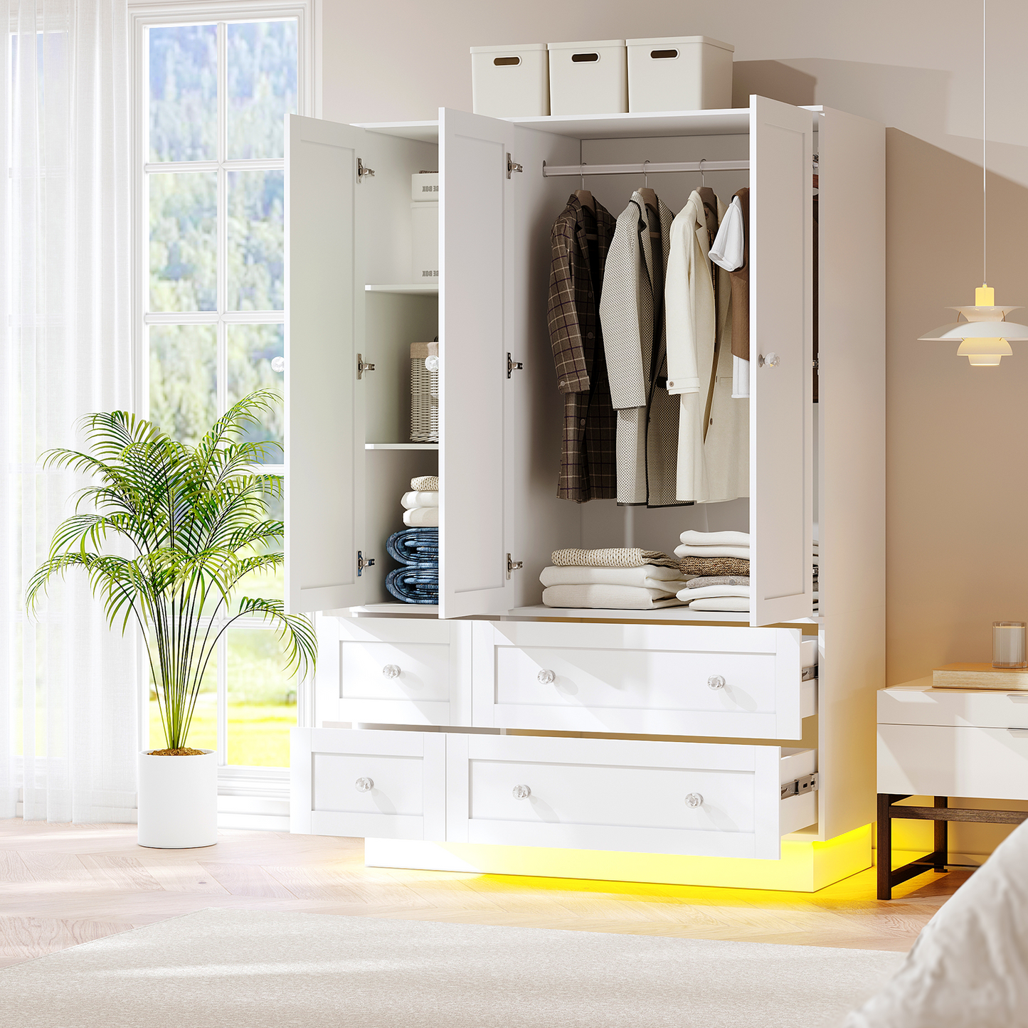 47" L Wardrobe Closet with 3 Doors, Bedroom Armoire with Mirror, LED Light, 4 Drawers and Hanging Rod, Large Capacity Storage Closet for Bedroom, White