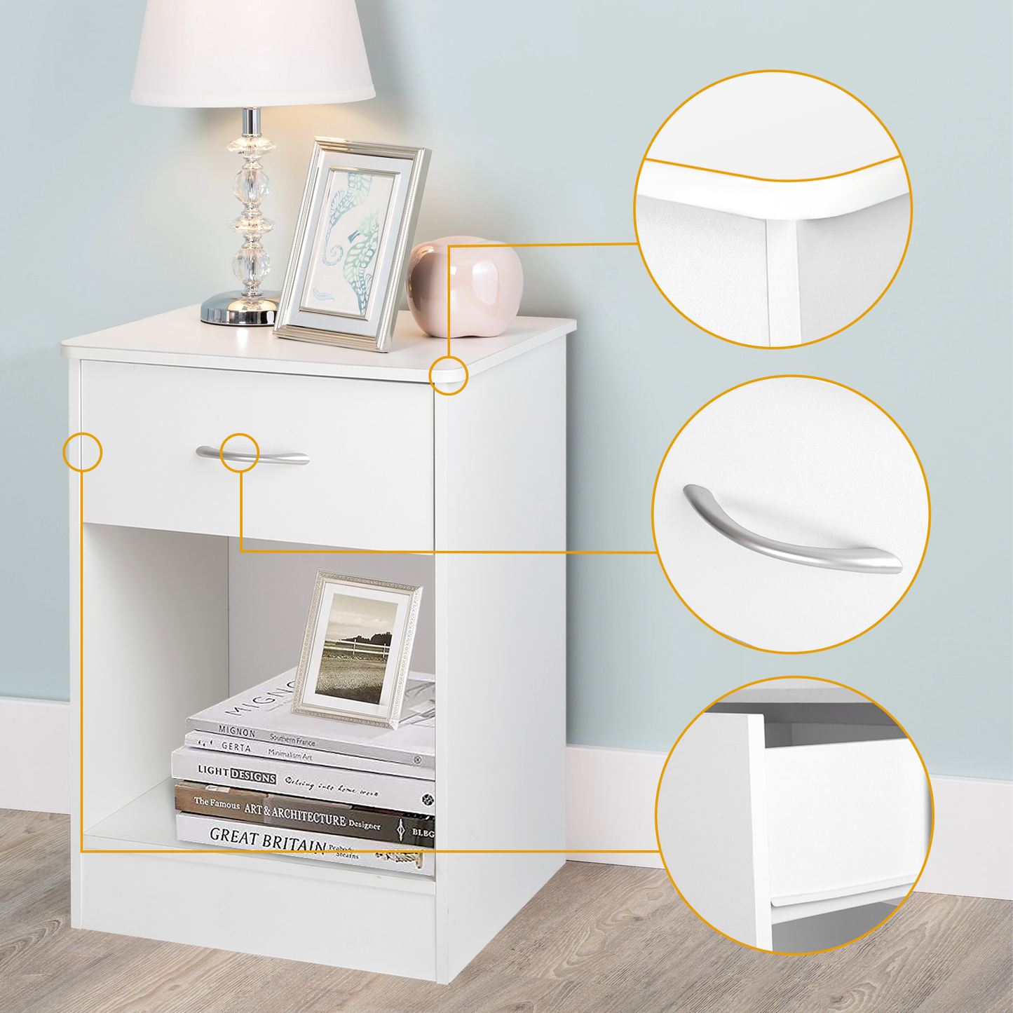 VOWNER Nightstand with Drawer and Storage Shelf, Bedside Table End Tables, File Cabinet Storage with Sliding Drawers and Shelf for Bedroom