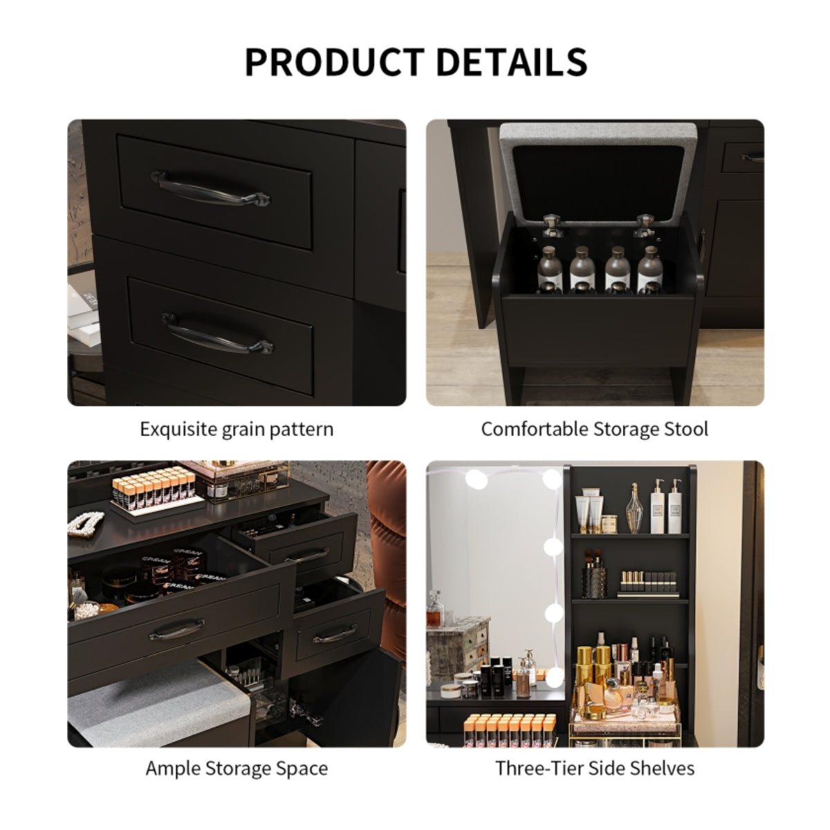 VOWNER Makeup Vanity Desk With Storage Stool & Power Outlet, Vanity set With Lighted Mirror & 3 Color Lights, For Girls Women