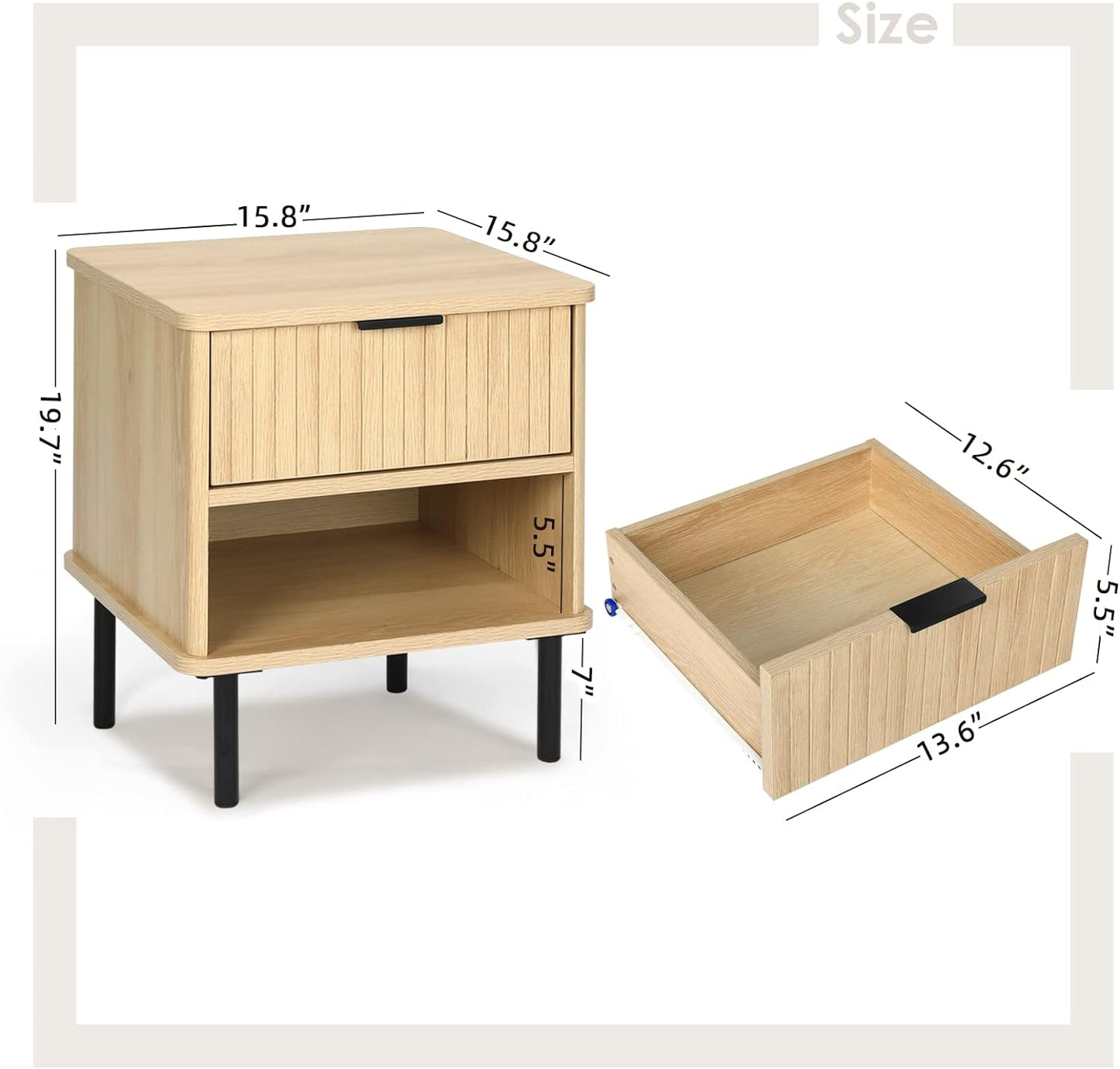 VOWNER Nightstand Set of 2, Natural Oak End Table with Storage Drawer and Open Wood Shelf, Bedside Furniture with Metal Frame, Side Table for Bedroom, Dorm, Easy Assembl, Natural