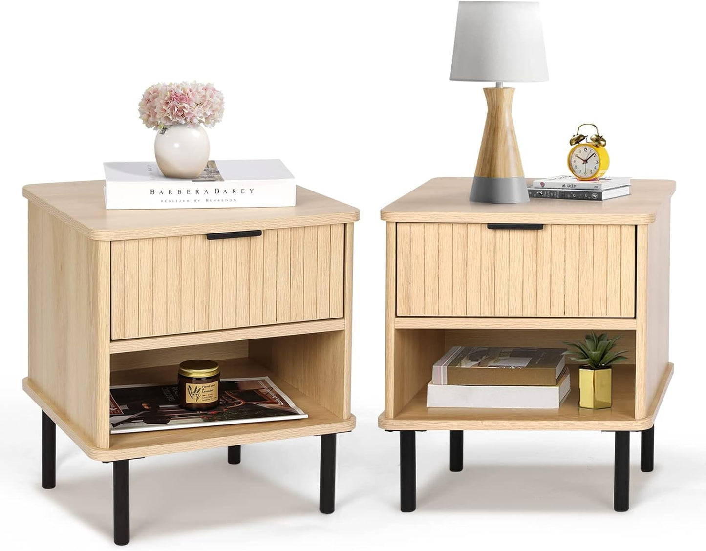 VOWNER Nightstand Set of 2, Natural Oak End Table with Storage Drawer and Open Wood Shelf, Bedside Furniture with Metal Frame, Side Table for Bedroom, Dorm, Easy Assembl, Natural