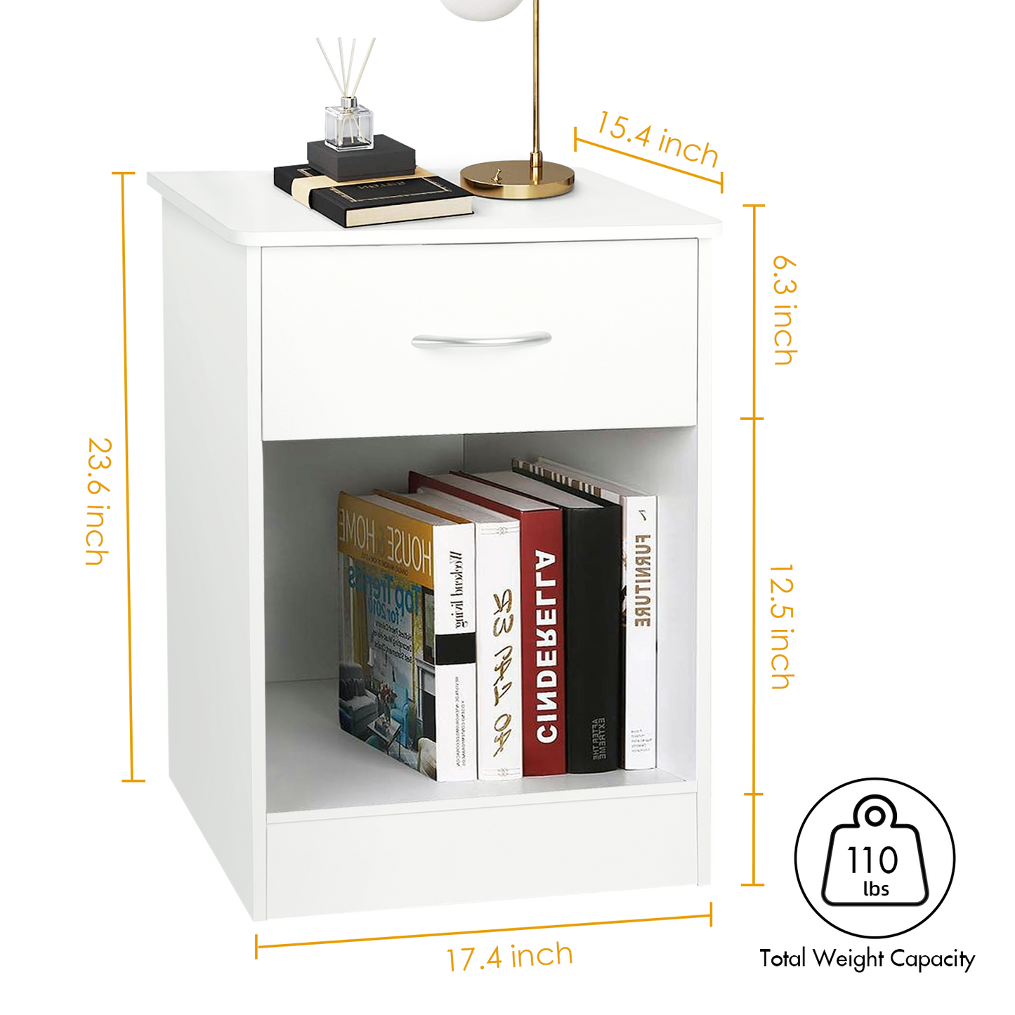 VOWNER Nightstand with Drawer and Storage Shelf, Bedside Table End Tables, File Cabinet Storage with Sliding Drawers and Shelf for Bedroom