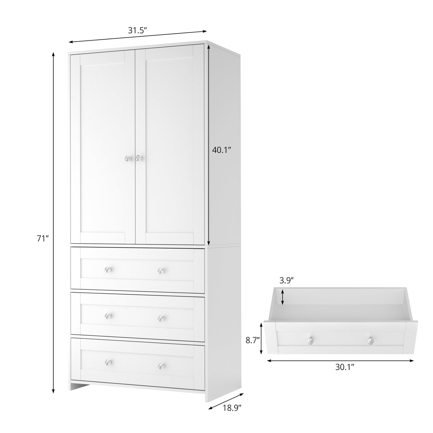 VOWNER 71" Armoire Wardrobe Closet with Drawers and Mirror Clothing Storage Cabinet