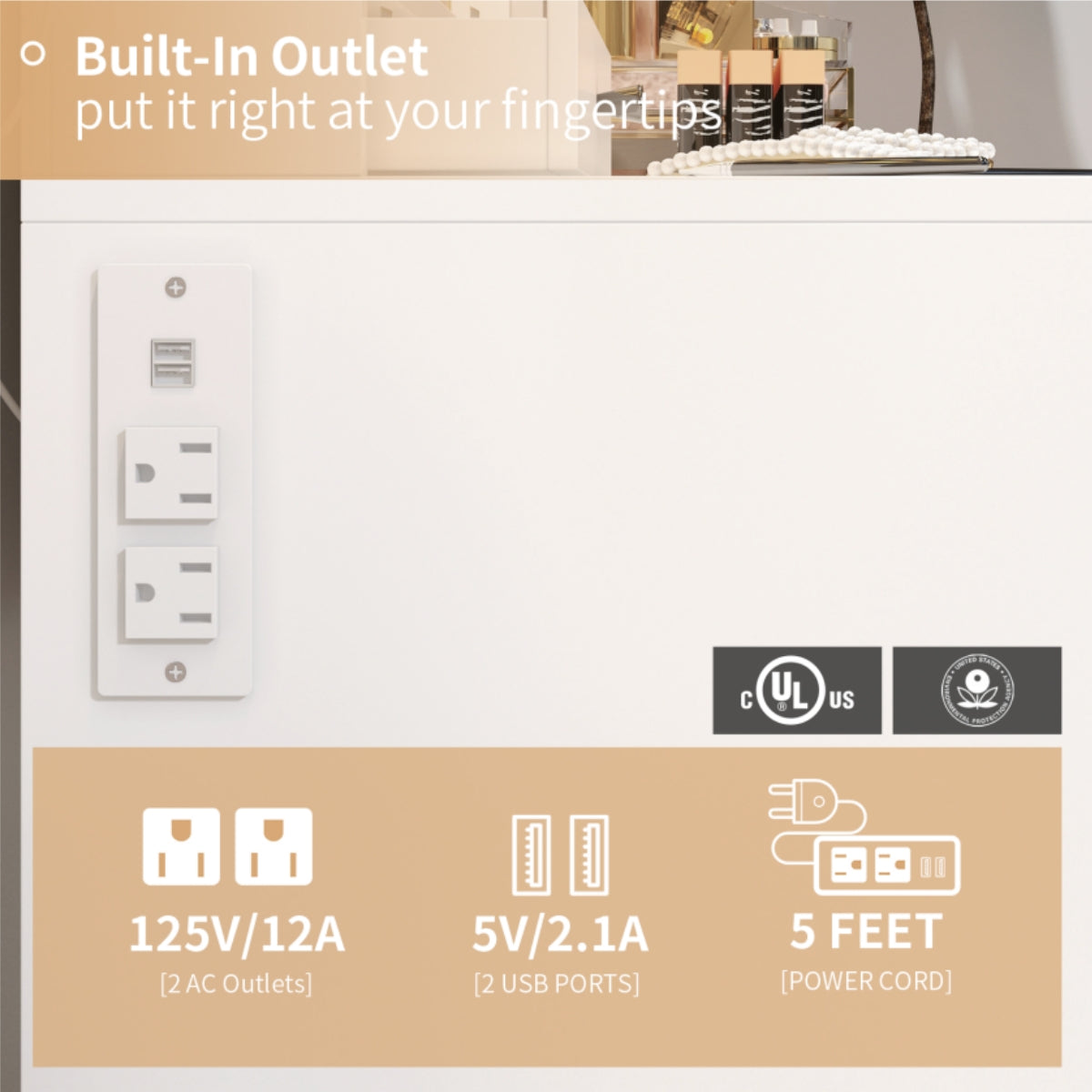 VOWNER Makeup Vanity Desk With Storage Stool & Power Outlet, Vanity set With Lighted Mirror & 3 Color Lights, For Girls Women