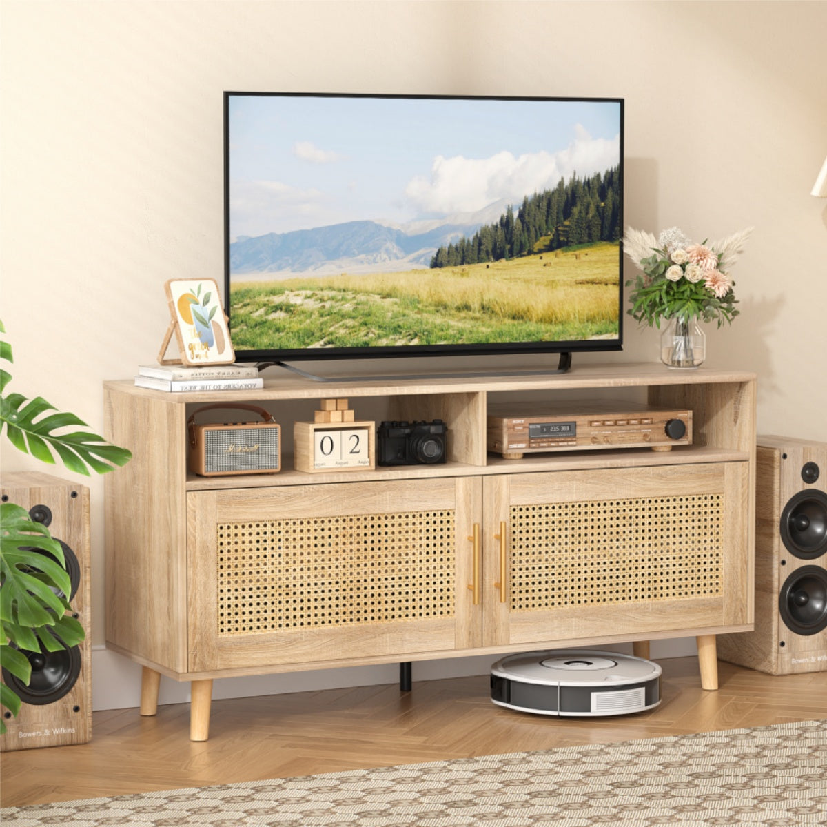 VOWNER TV Stand For 55" TV With Rattan Door, Television Stand With 2 Open Shelves & Adjustable Dividers, TV & Media Console Table, Entertainment Center For Living Room