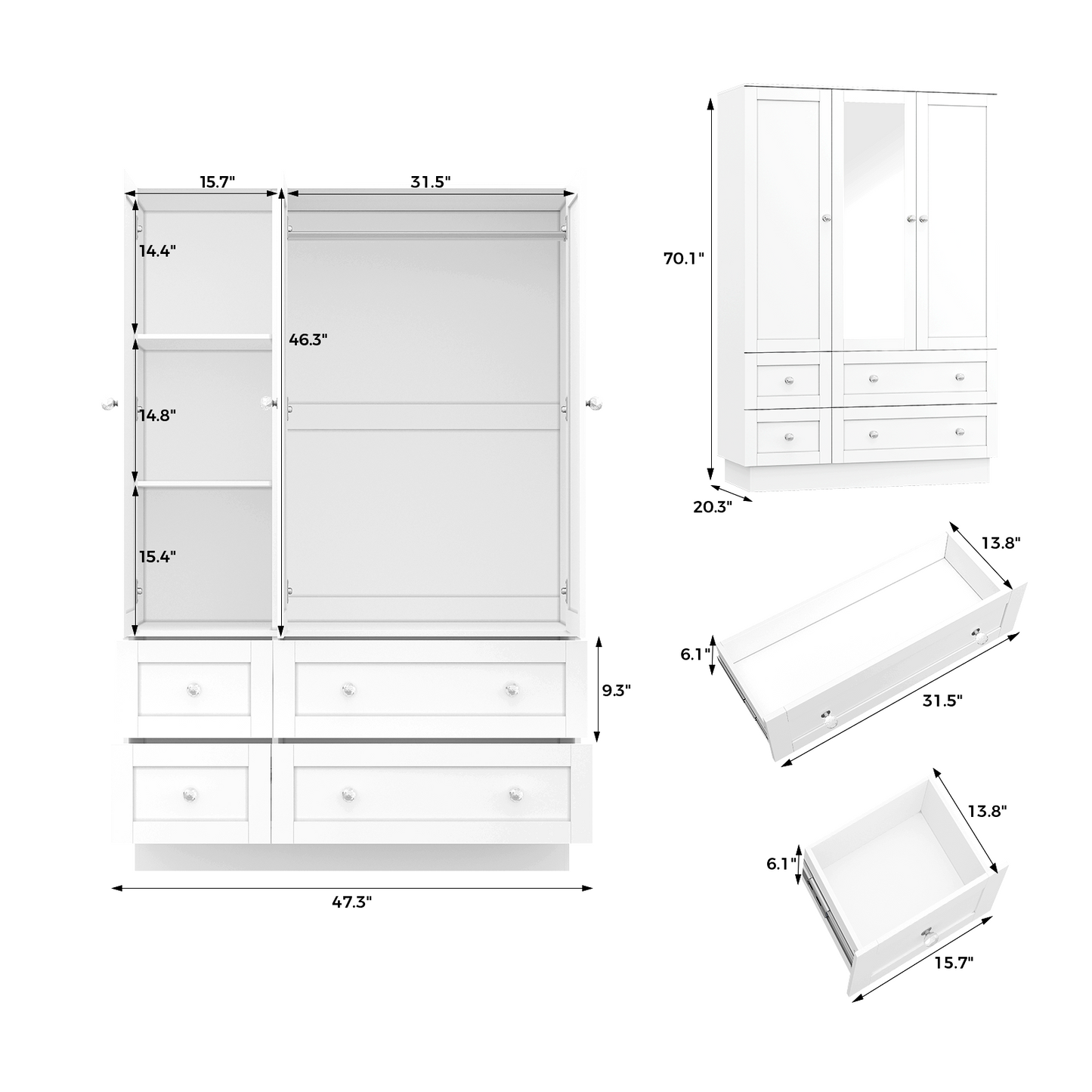 47" L Wardrobe Closet with 3 Doors, Bedroom Armoire with Mirror, LED Light, 4 Drawers and Hanging Rod, Large Capacity Storage Closet for Bedroom, White
