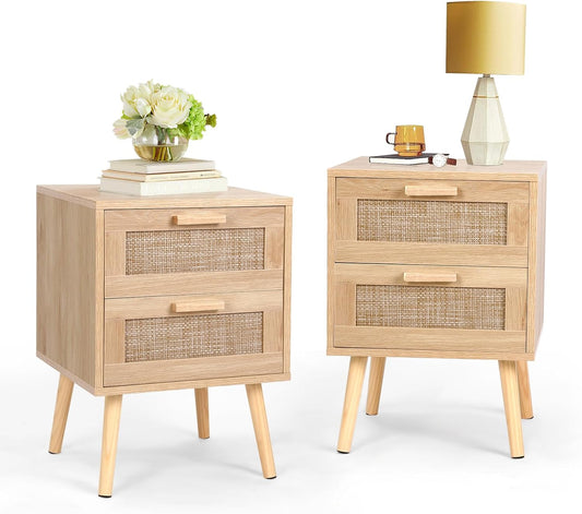 VOWNER 2PCS Rattan Nightstand, End Table with 2 Drawers and Solid Wood Legs, Side Table with Storage for Bedroom, Easy Assembly Night Stand for Kids Room