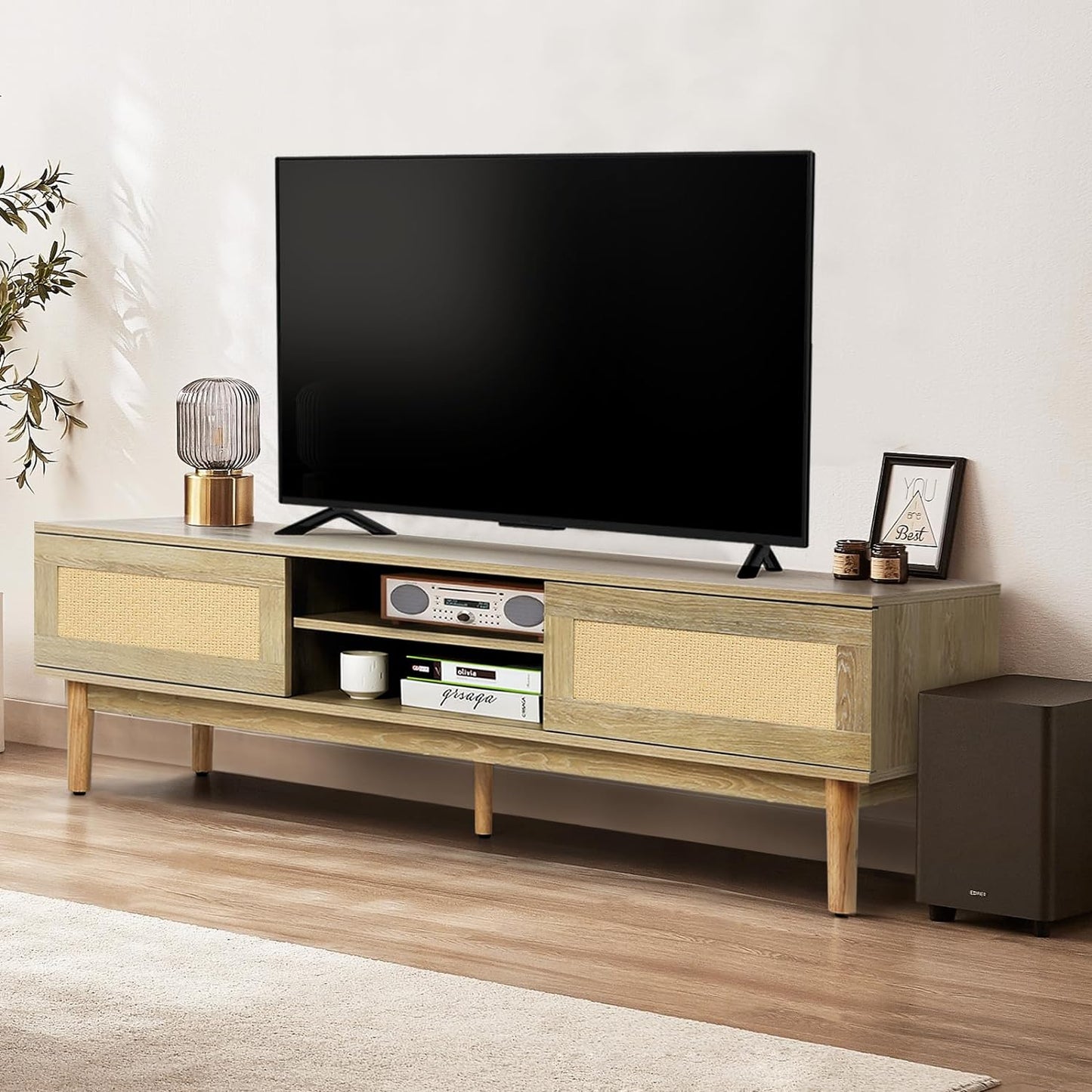 VOWNER Rattan TV Stand, 55/60/65 inch TV, Modern TV Console Table with Sliding Doors, Entertainment Center with 2 Open Shelves, TV Cabinet for Living Room (Natural Oak)