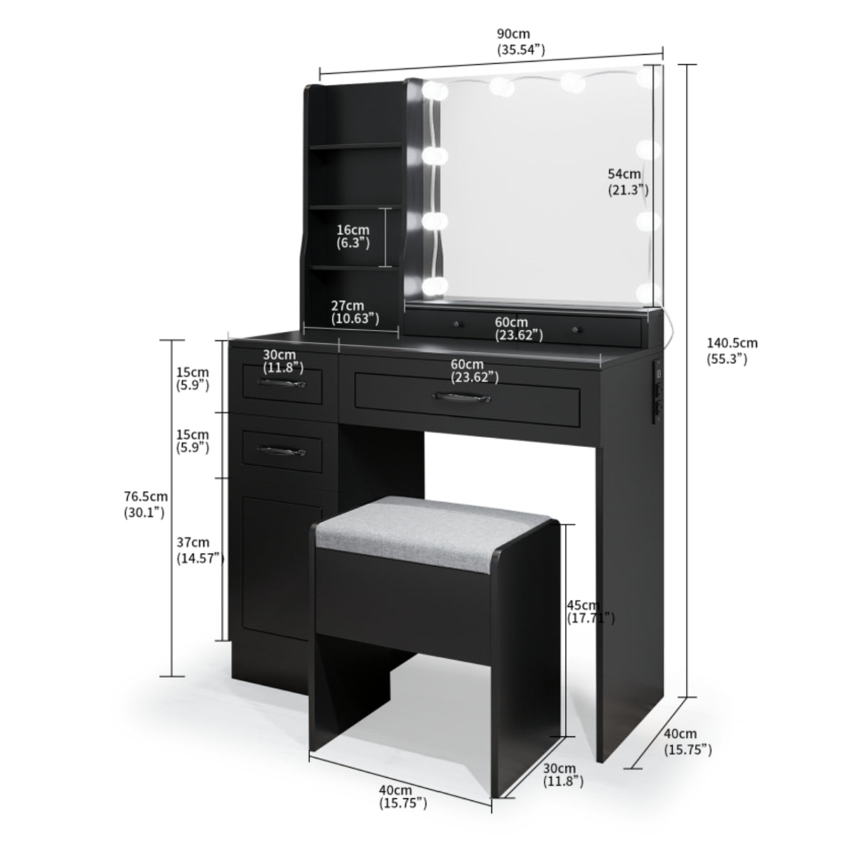 VOWNER Makeup Vanity Desk With Storage Stool & Power Outlet, Vanity set With Lighted Mirror & 3 Color Lights, For Girls Women