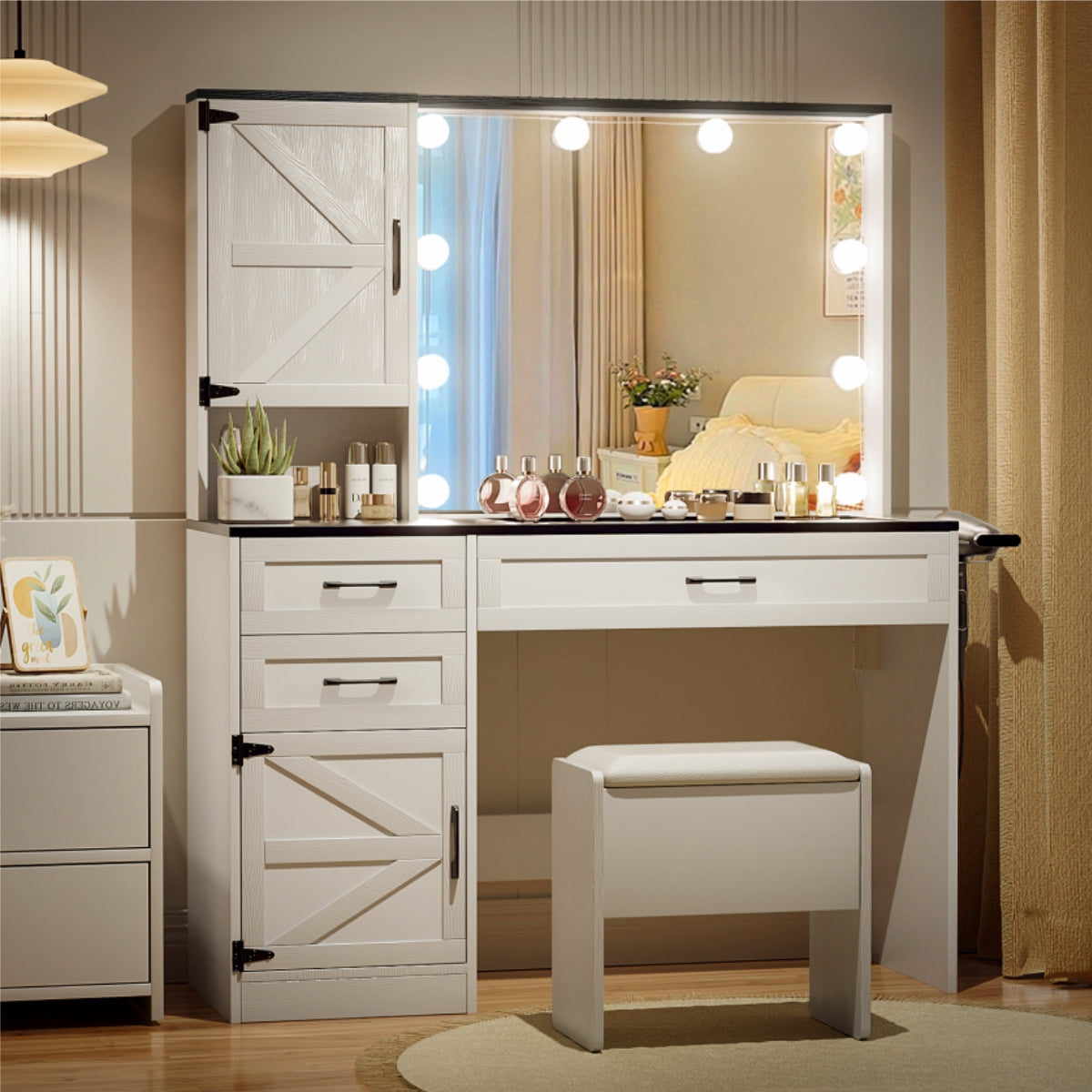 VOWNER Makeup Vanity Table Set With Outlet, Farmhouse Vanity Desk With Glass Table Top And Large Lighted Mirror, 3 Color Light & Adjustable Brightness, Come With Stool, For Bedroom