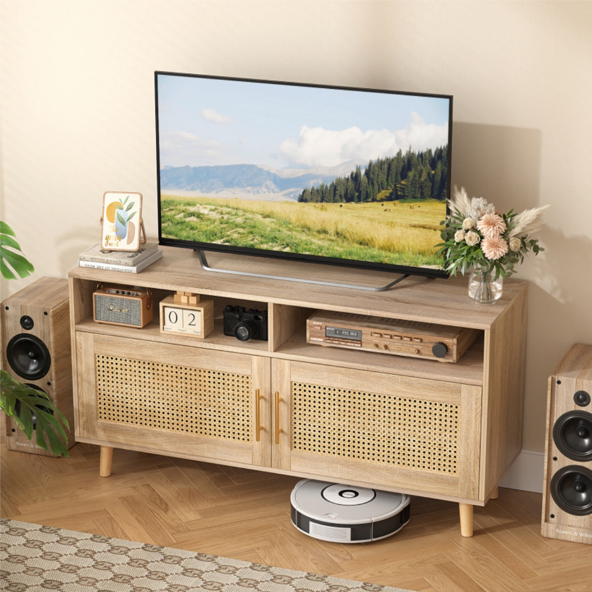 VOWNER TV Stand For 55" TV With Rattan Door, Television Stand With 2 Open Shelves & Adjustable Dividers, TV & Media Console Table, Entertainment Center For Living Room