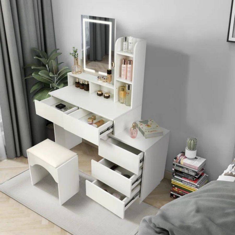 VOWNER Makeup Vanity Desk Set With LED Lighted Mirror, Drawers, Shelves And Stool, Lighting Color & Brightness Adjustable, For Girls Women