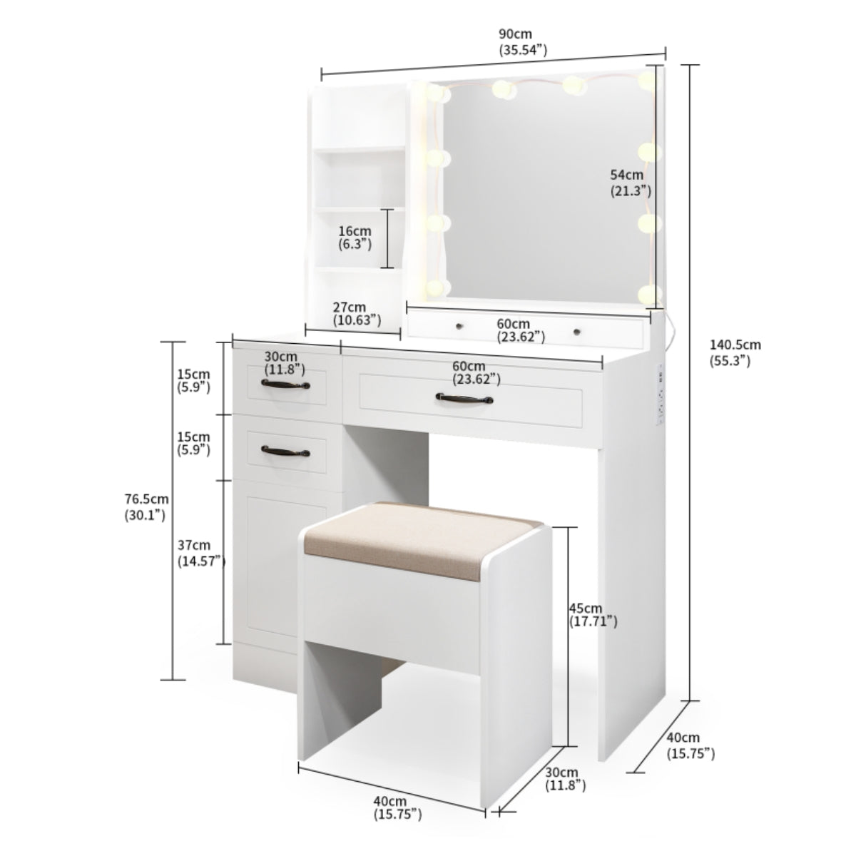VOWNER Makeup Vanity Desk With Storage Stool & Power Outlet, Vanity set With Lighted Mirror & 3 Color Lights, For Girls Women