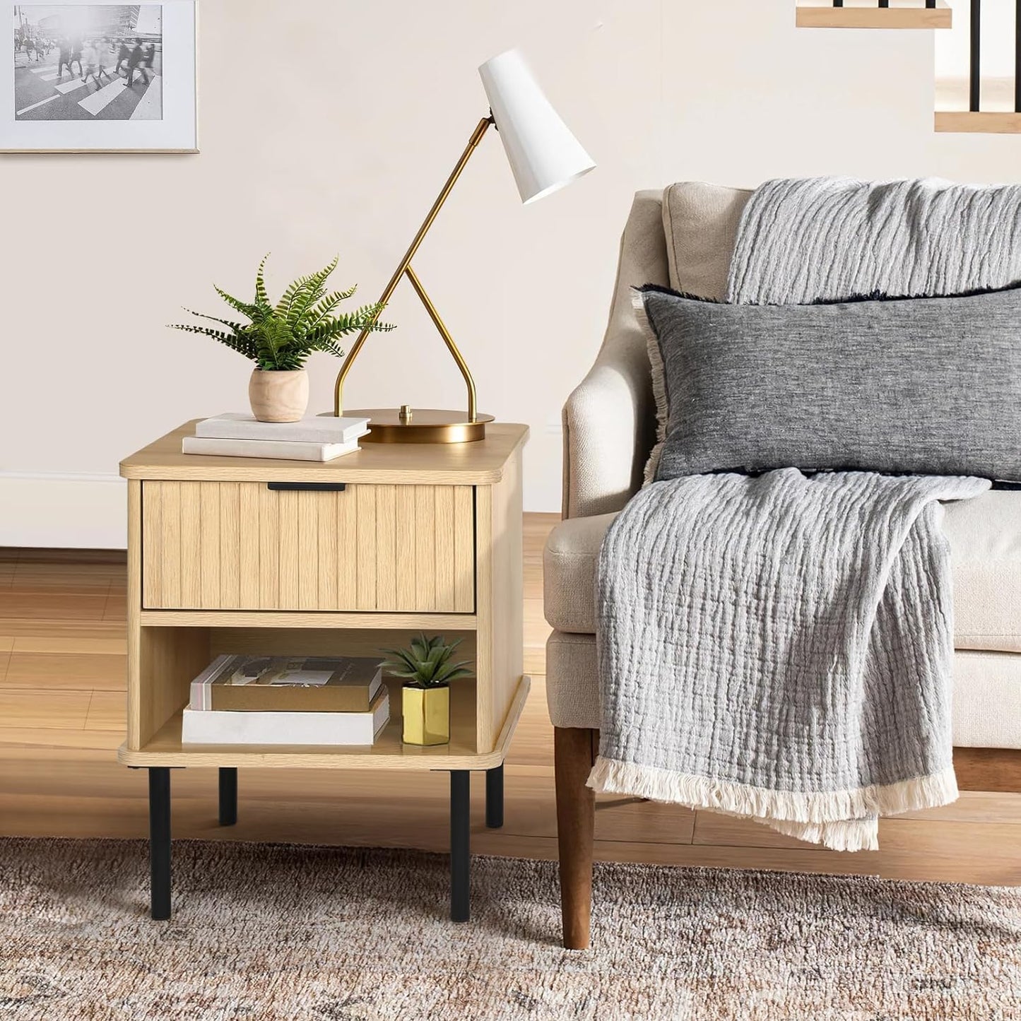 VOWNER Nightstand Set of 2, Natural Oak End Table with Storage Drawer and Open Wood Shelf, Bedside Furniture with Metal Frame, Side Table for Bedroom, Dorm, Easy Assembl, Natural