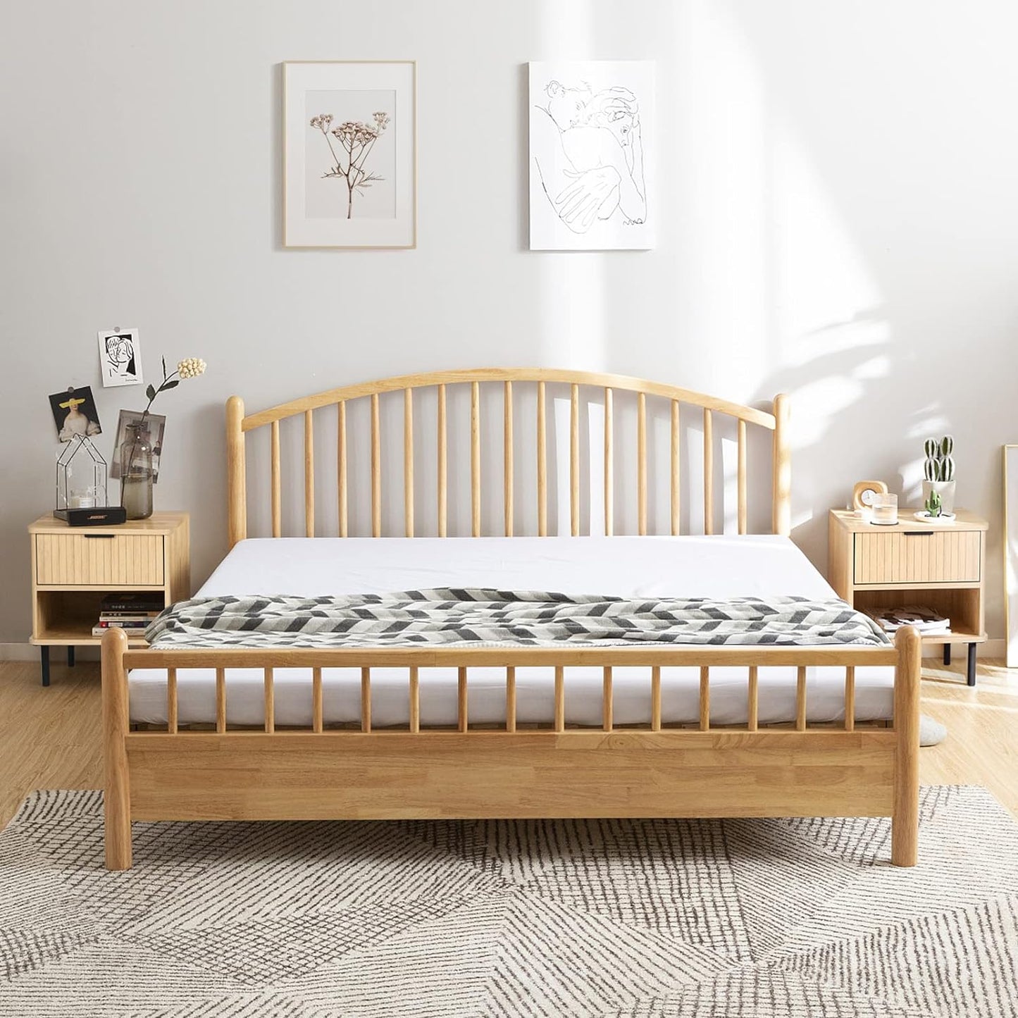 VOWNER Nightstand Set of 2, Natural Oak End Table with Storage Drawer and Open Wood Shelf, Bedside Furniture with Metal Frame, Side Table for Bedroom, Dorm, Easy Assembl, Natural