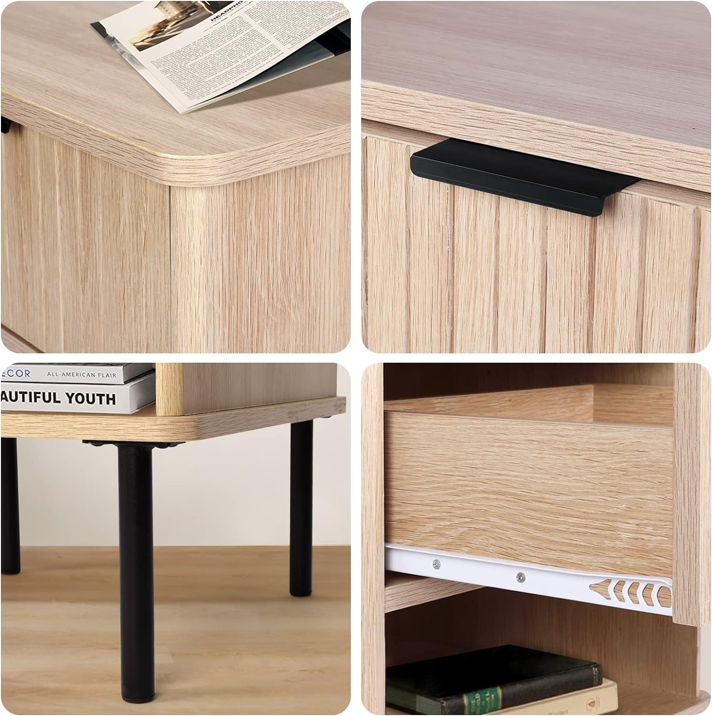 VOWNER Nightstand Set of 2, Natural Oak End Table with Storage Drawer and Open Wood Shelf, Bedside Furniture with Metal Frame, Side Table for Bedroom, Dorm, Easy Assembl, Natural