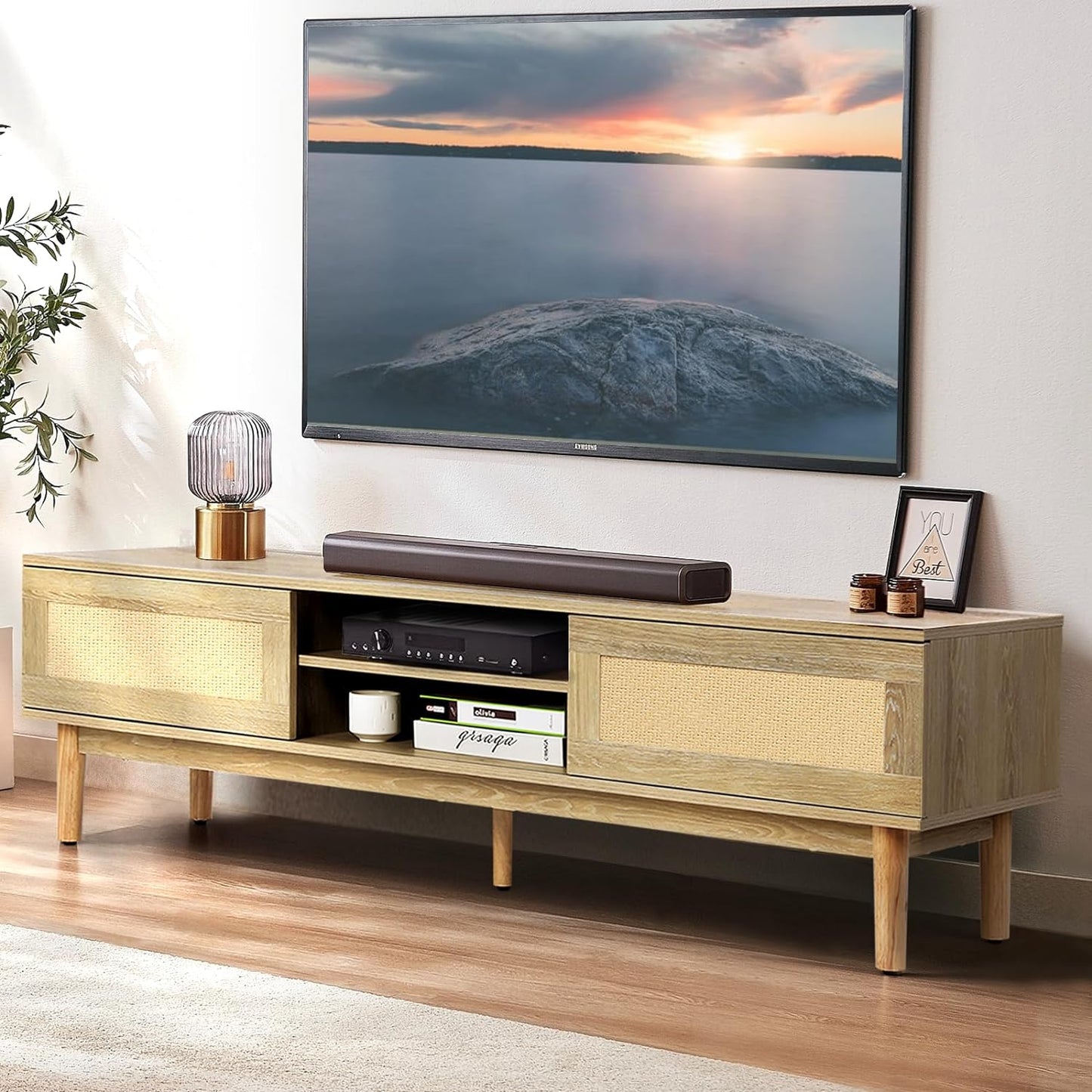 VOWNER Rattan TV Stand, 55/60/65 inch TV, Modern TV Console Table with Sliding Doors, Entertainment Center with 2 Open Shelves, TV Cabinet for Living Room (Natural Oak)