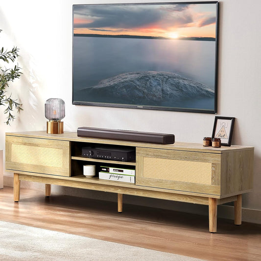 VOWNER Rattan TV Stand, 55/60/65 inch TV, Modern TV Console Table with Sliding Doors, Entertainment Center with 2 Open Shelves, TV Cabinet for Living Room (Natural Oak)