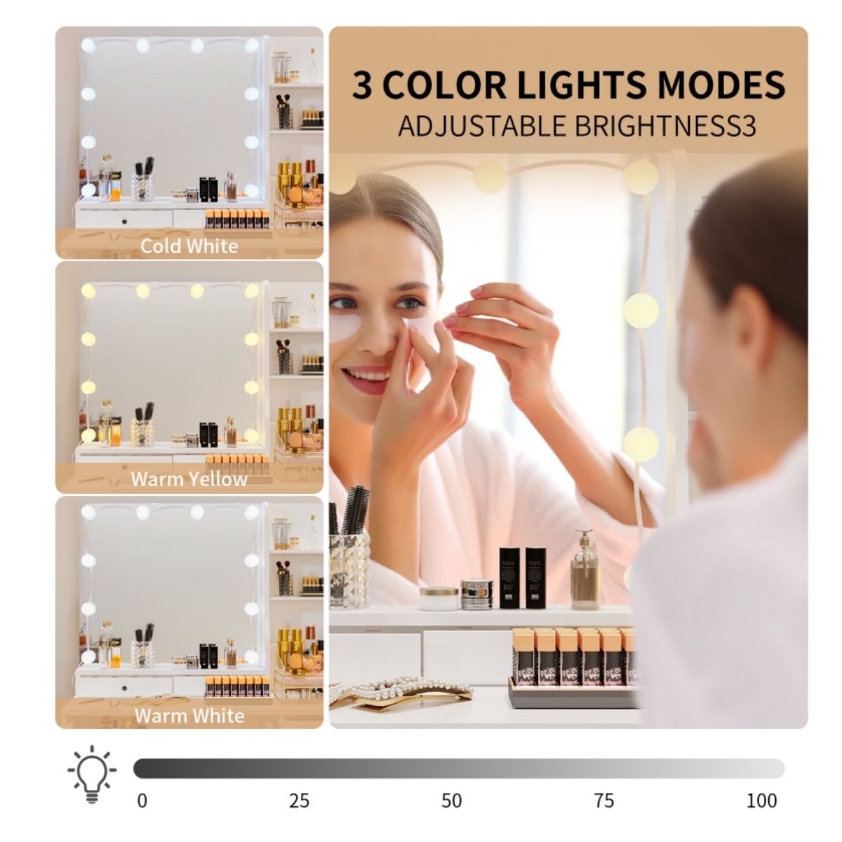 VOWNER Makeup Vanity Desk With Storage Stool & Power Outlet, Vanity set With Lighted Mirror & 3 Color Lights, For Girls Women