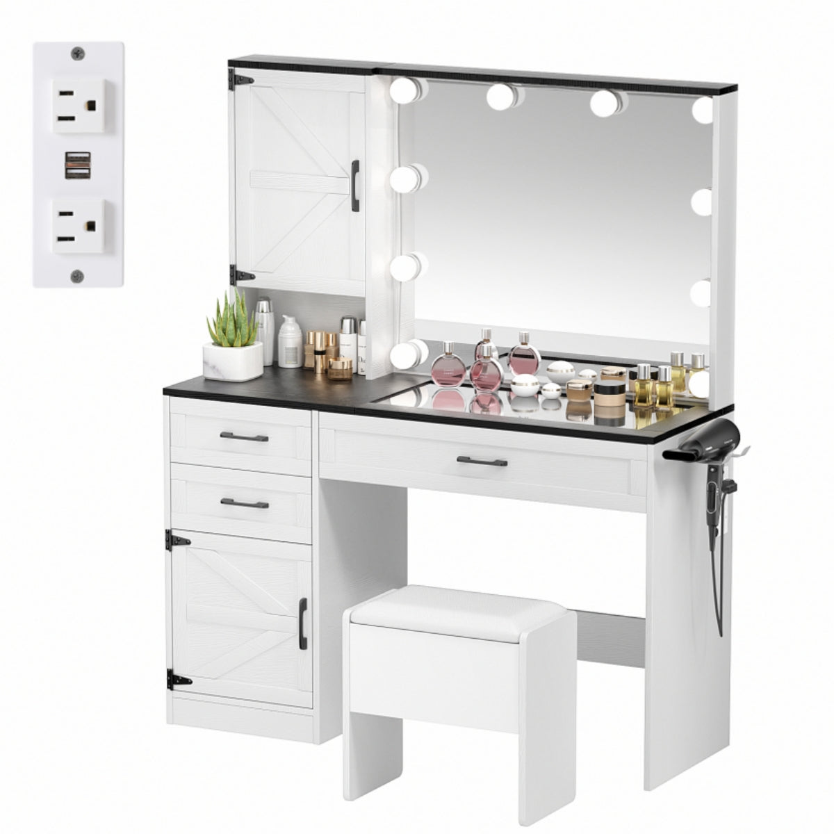 VOWNER Makeup Vanity Table Set With Outlet, Farmhouse Vanity Desk With Glass Table Top And Large Lighted Mirror, 3 Color Light & Adjustable Brightness, Come With Stool, For Bedroom