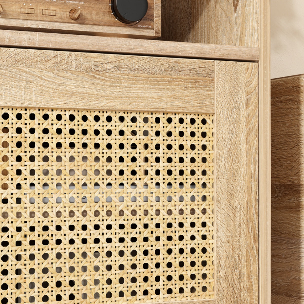 VOWNER TV Stand For 55" TV With Rattan Door, Television Stand With 2 Open Shelves & Adjustable Dividers, TV & Media Console Table, Entertainment Center For Living Room