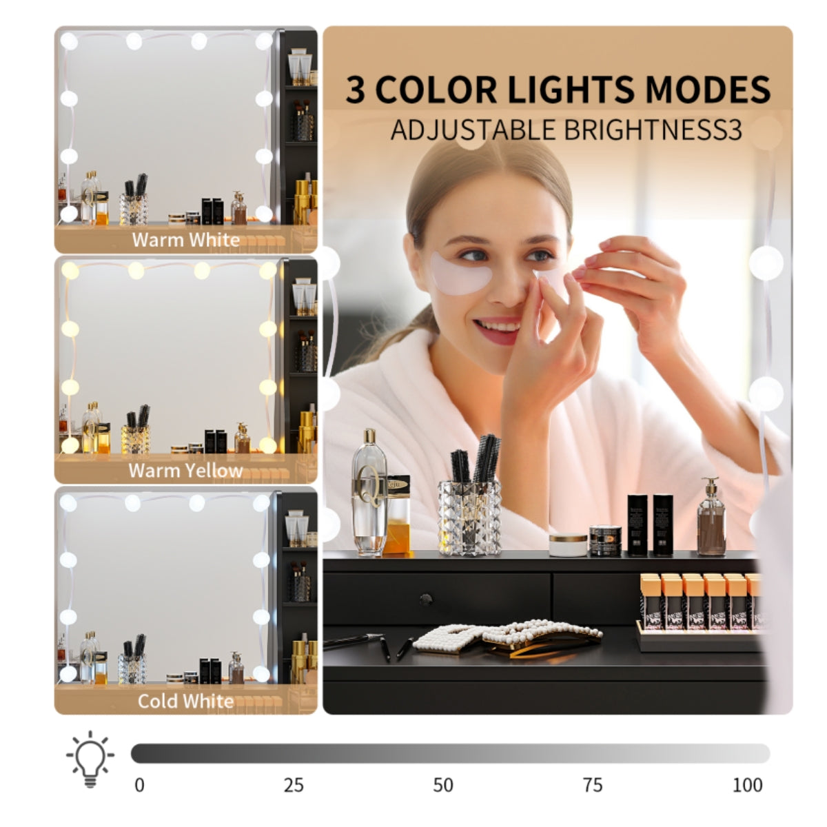 VOWNER Makeup Vanity Desk With Storage Stool & Power Outlet, Vanity set With Lighted Mirror & 3 Color Lights, For Girls Women